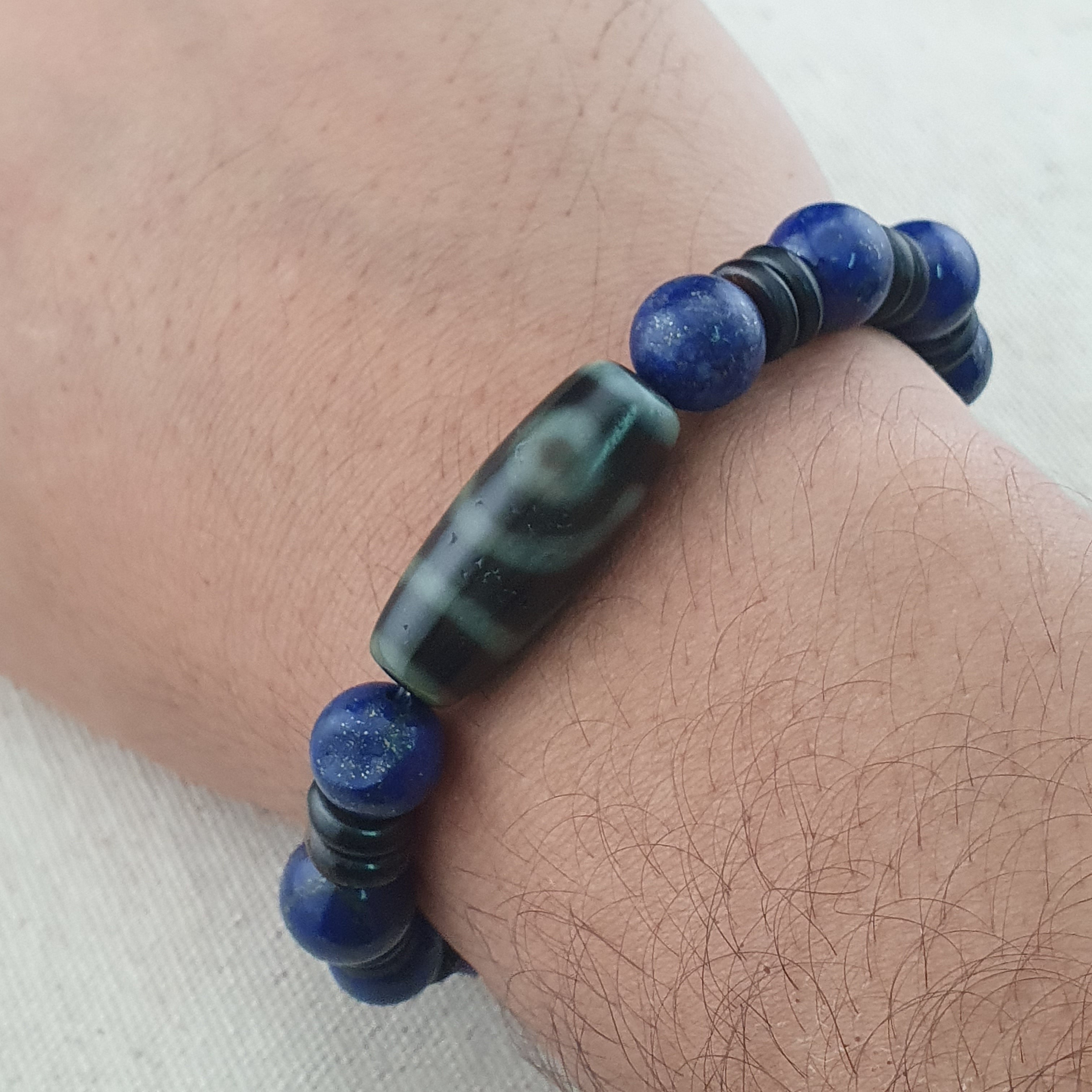 Vintage Himalayan 2 Eyes Agate & LapisLazuli Beads Bracelet