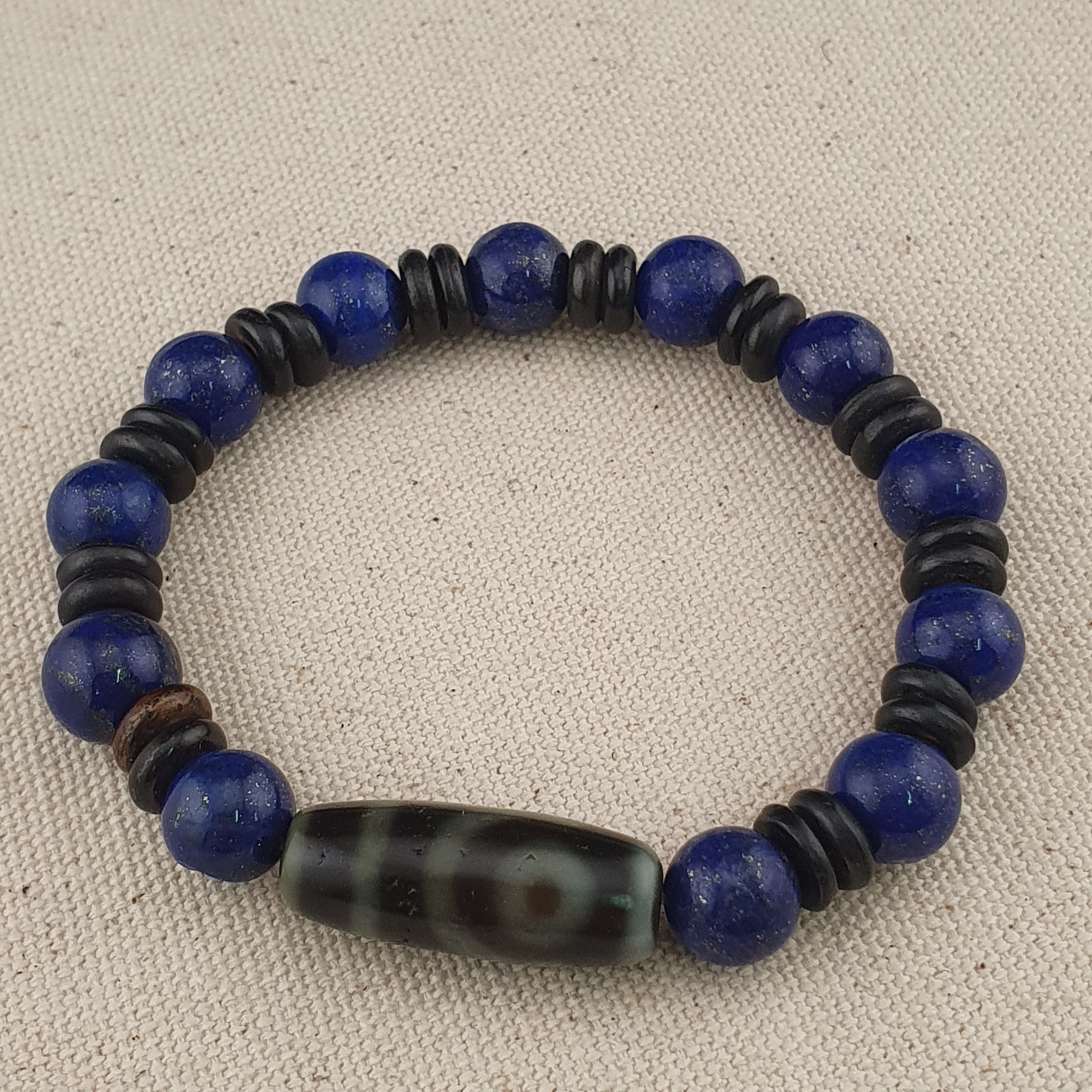 Vintage Himalayan 2 Eyes Agate & LapisLazuli Beads Bracelet