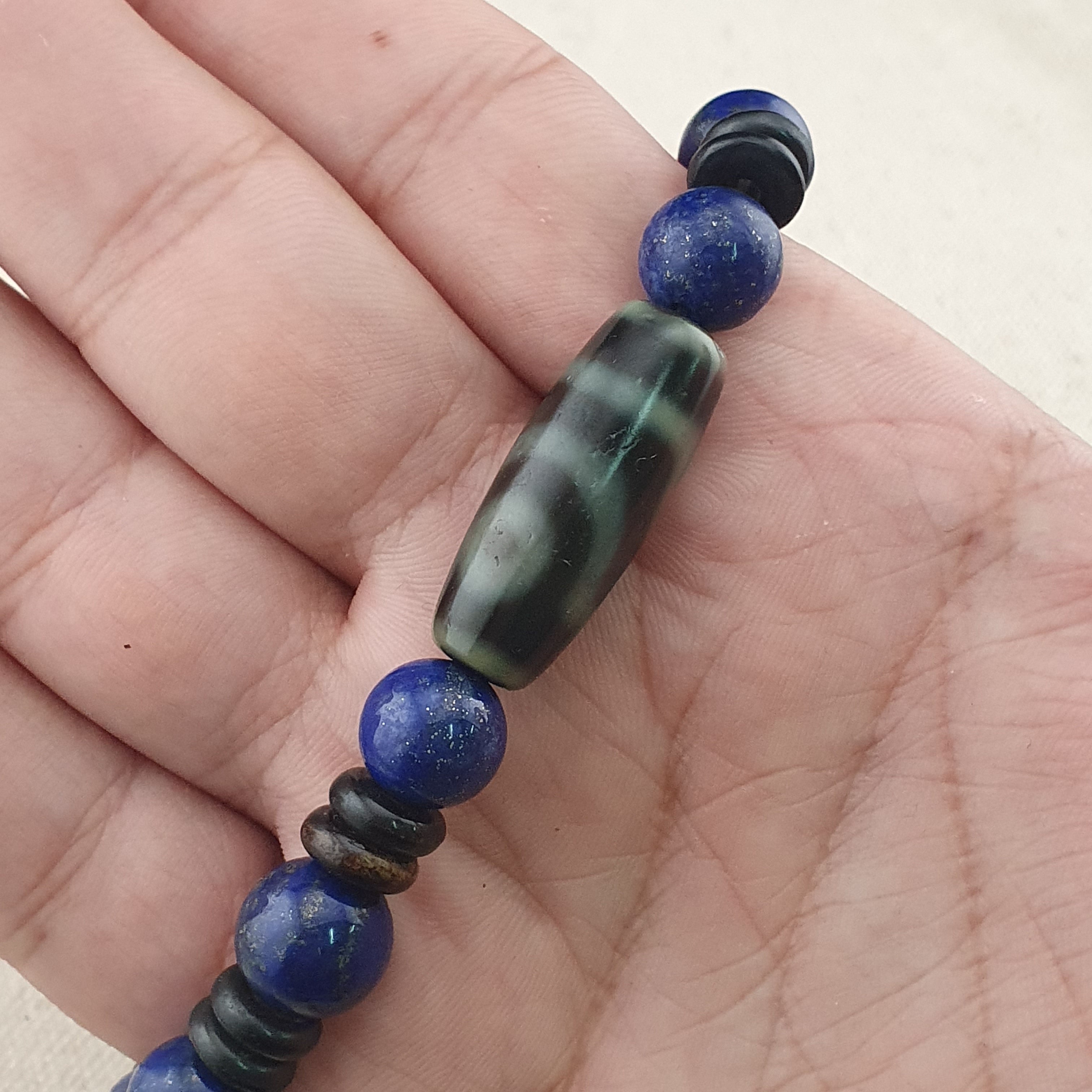 Vintage Himalayan 2 Eyes Agate & LapisLazuli Beads Bracelet