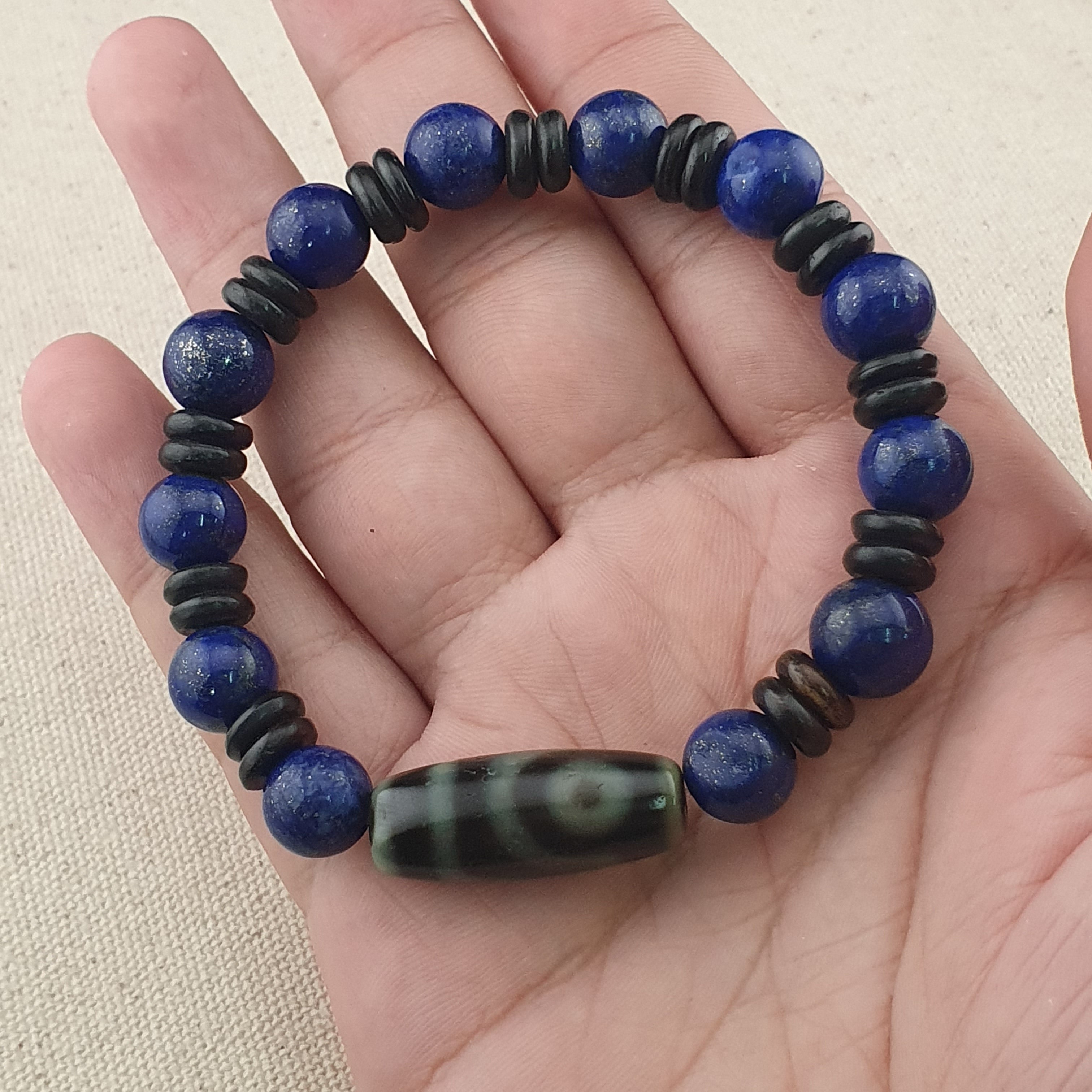 Vintage Himalayan 2 Eyes Agate & LapisLazuli Beads Bracelet