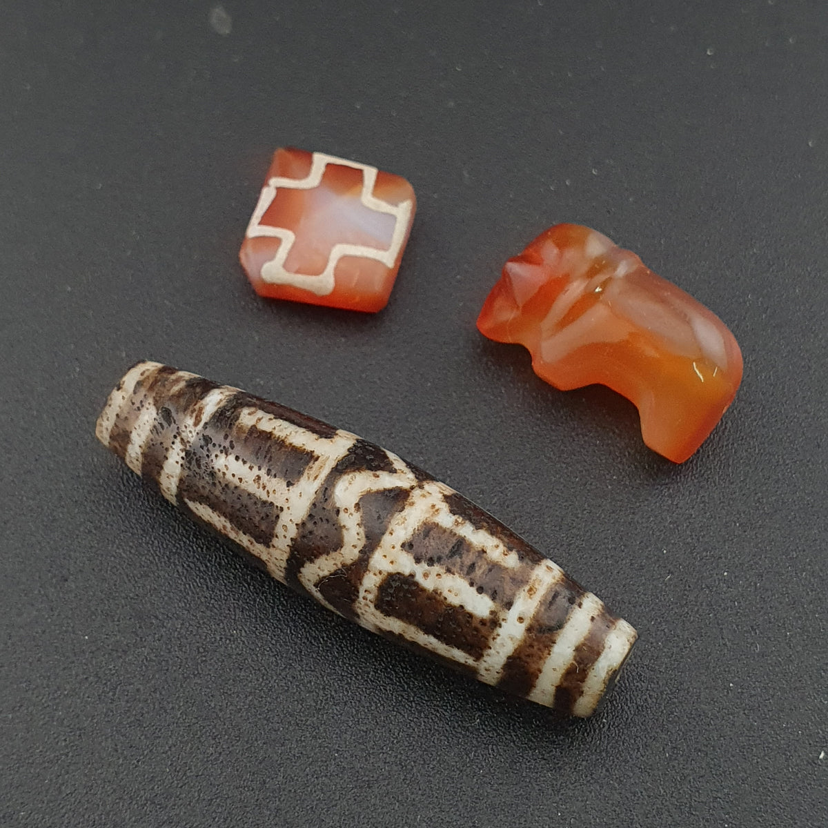Antique Burmese Pumtek Pyu & Carnelian Beads Lot Of 3