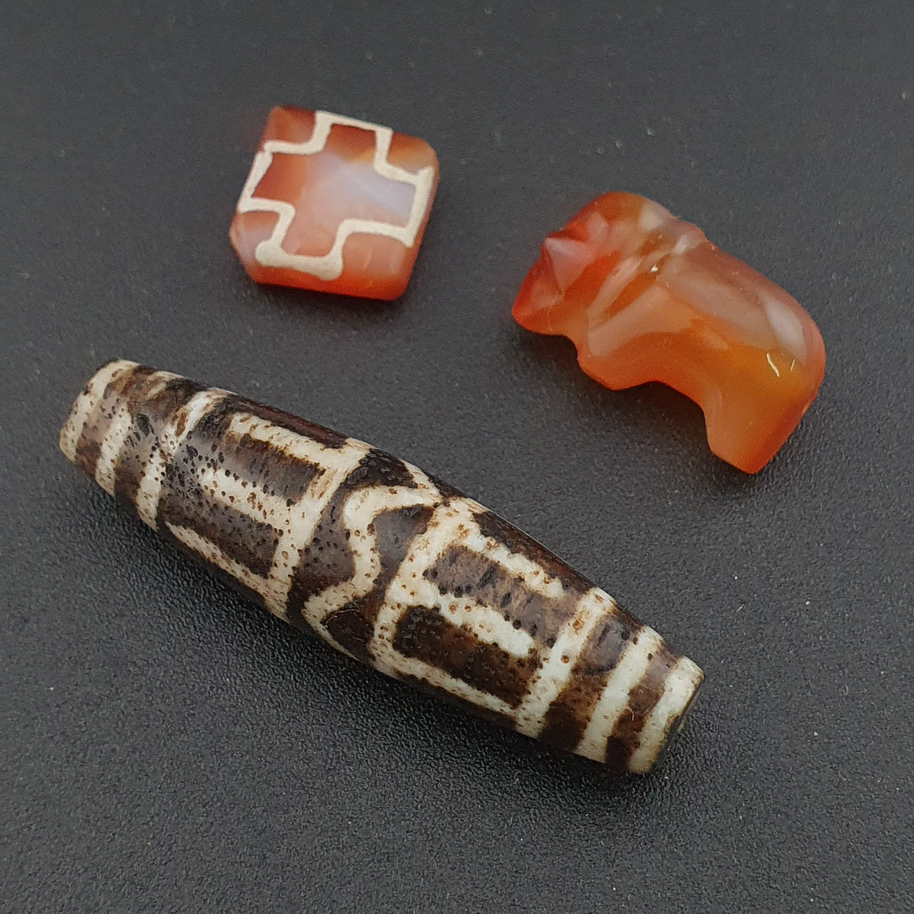 Antique Burmese Pumtek Pyu & Carnelian Beads Lot Of 3