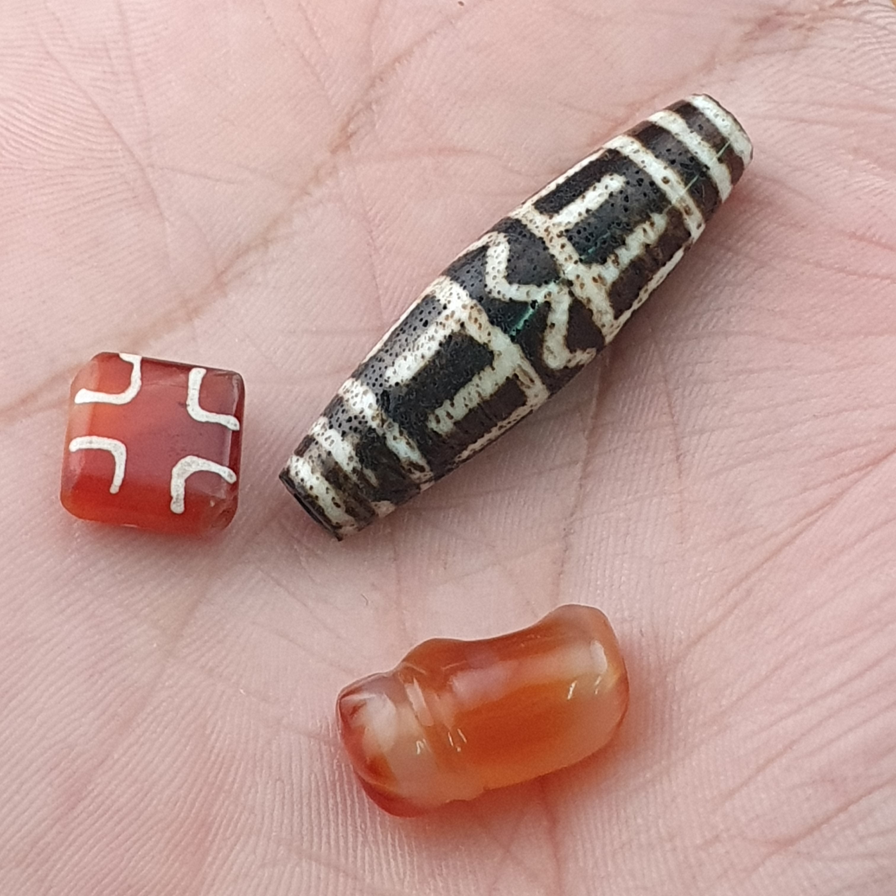 Antique Burmese Pumtek Pyu & Carnelian Beads Lot Of 3