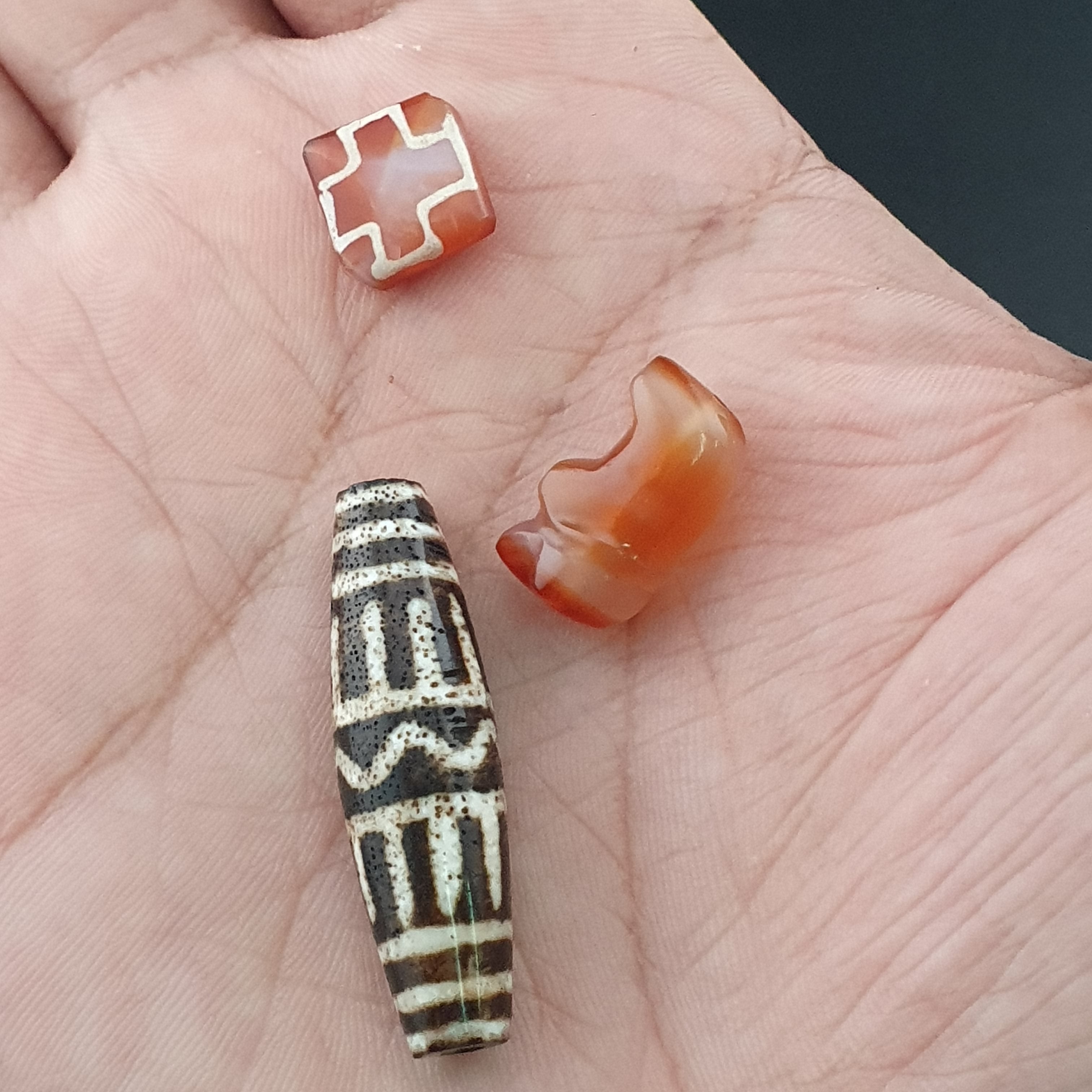 Antique Burmese Pumtek Pyu & Carnelian Beads Lot Of 3