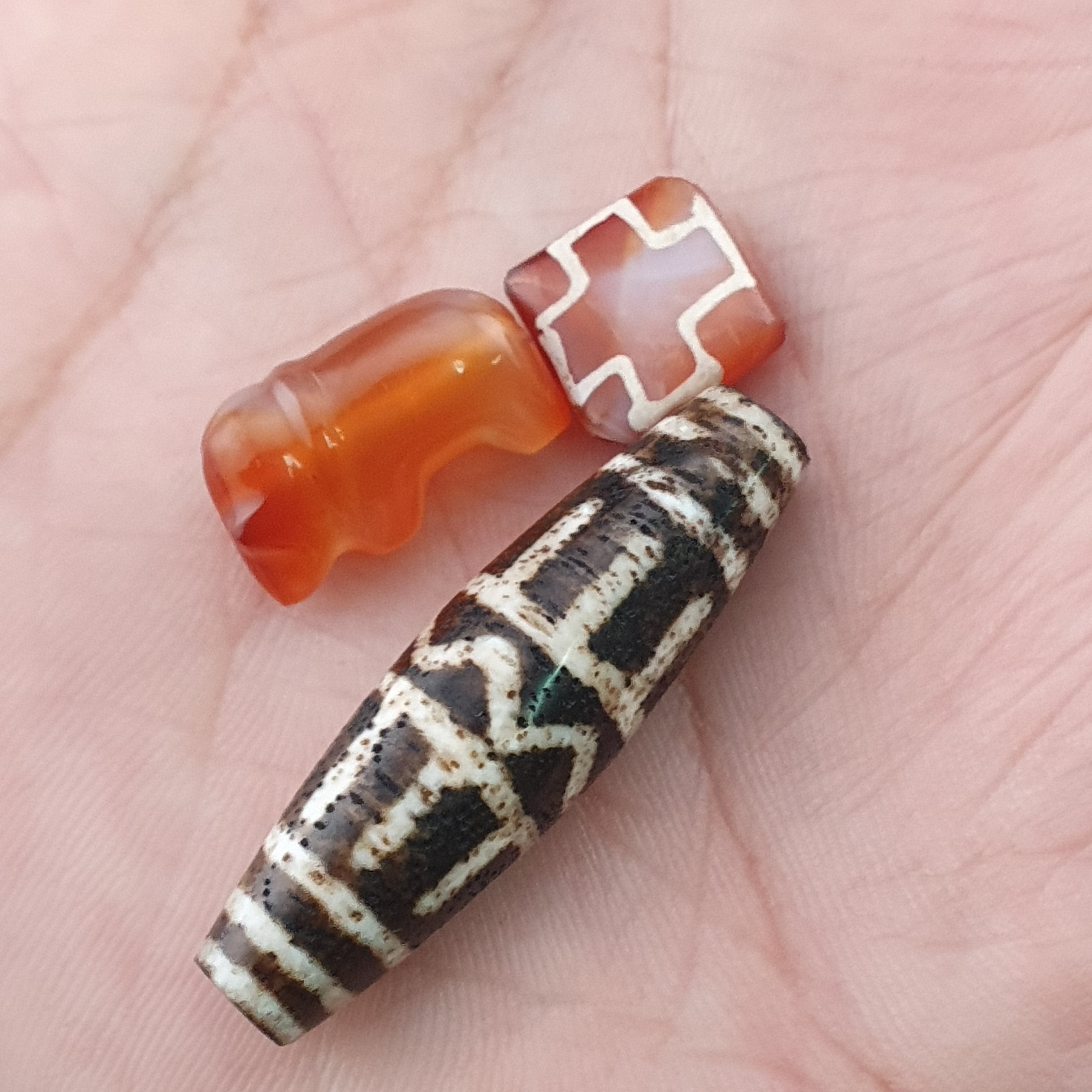 Antique Burmese Pumtek Pyu & Carnelian Beads Lot Of 3