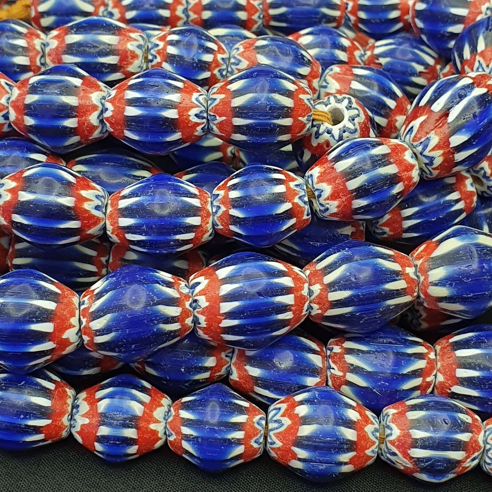 Vintage BLUE Chevron Beads Venetian African 13.5mm 15mmx17mm Beads Long Strand