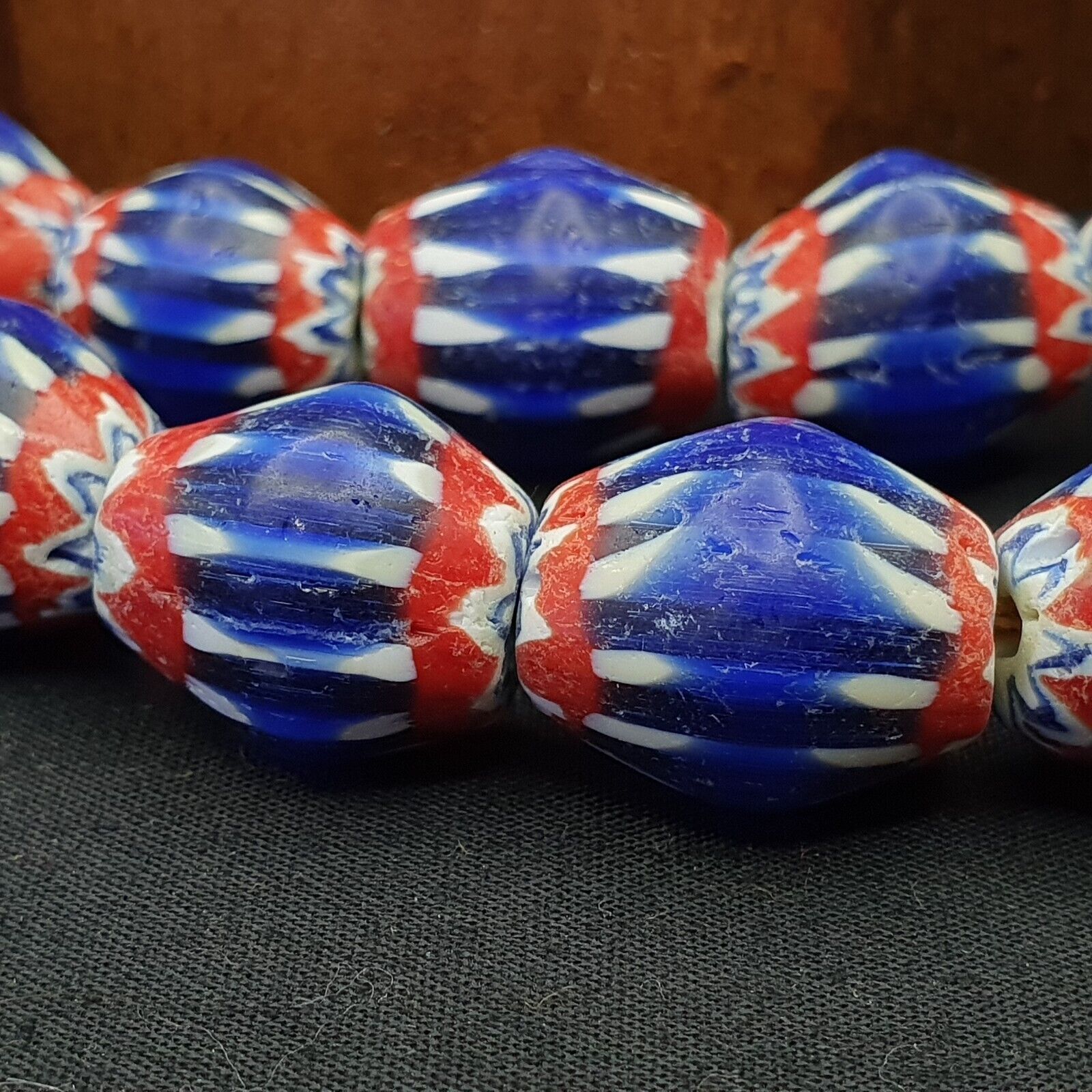 Vintage BLUE Chevron Beads Venetian African 13.5mm 15mmx17mm Beads Long Strand