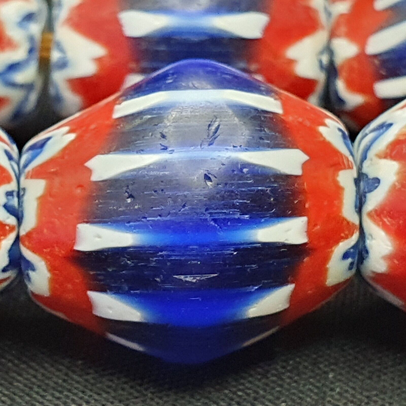 Vintage BLUE Chevron Beads Venetian African 13.5mm 15mmx17mm Beads Long Strand
