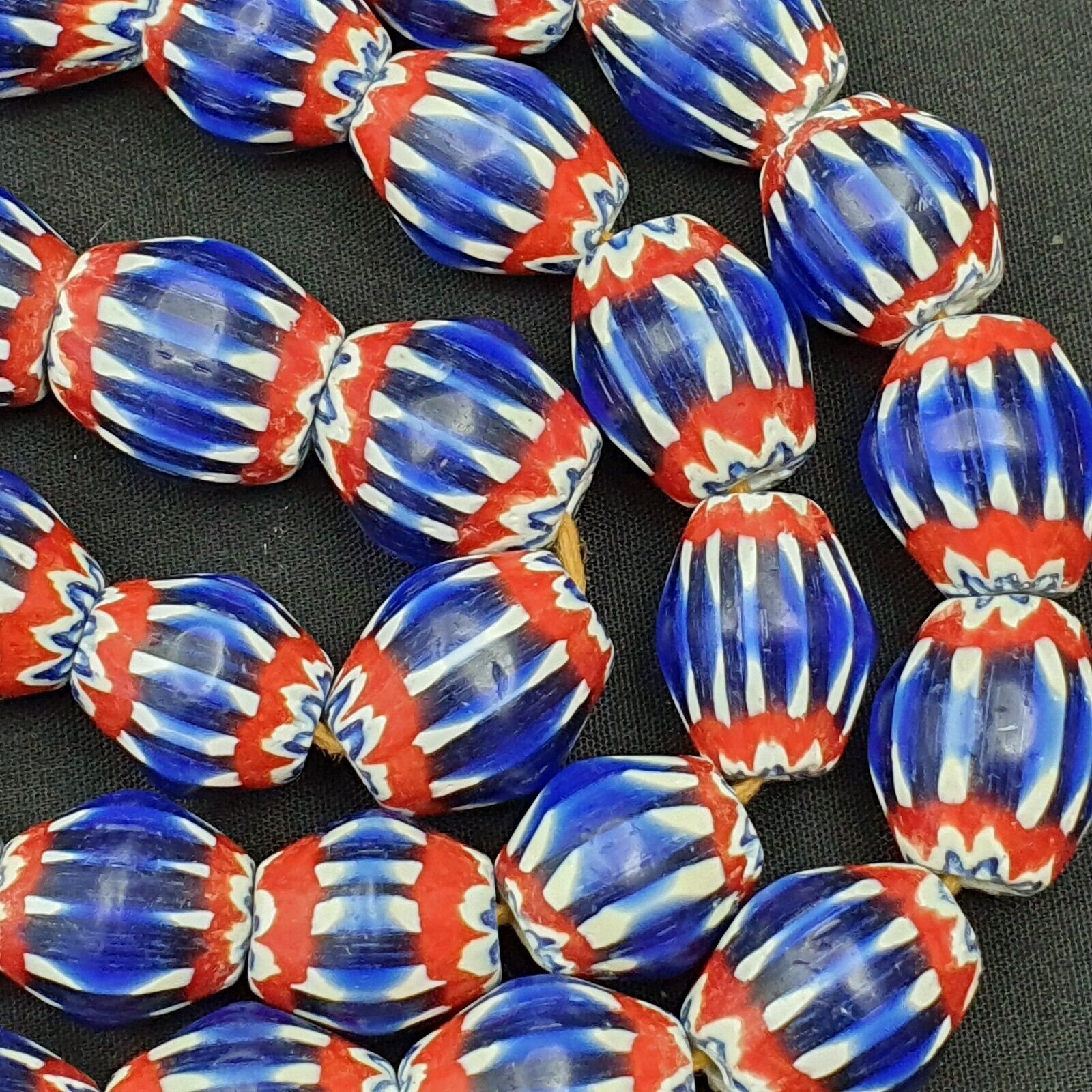 Vintage BLUE Chevron Beads Venetian African 13.5mm 15mmx17mm Beads Long Strand