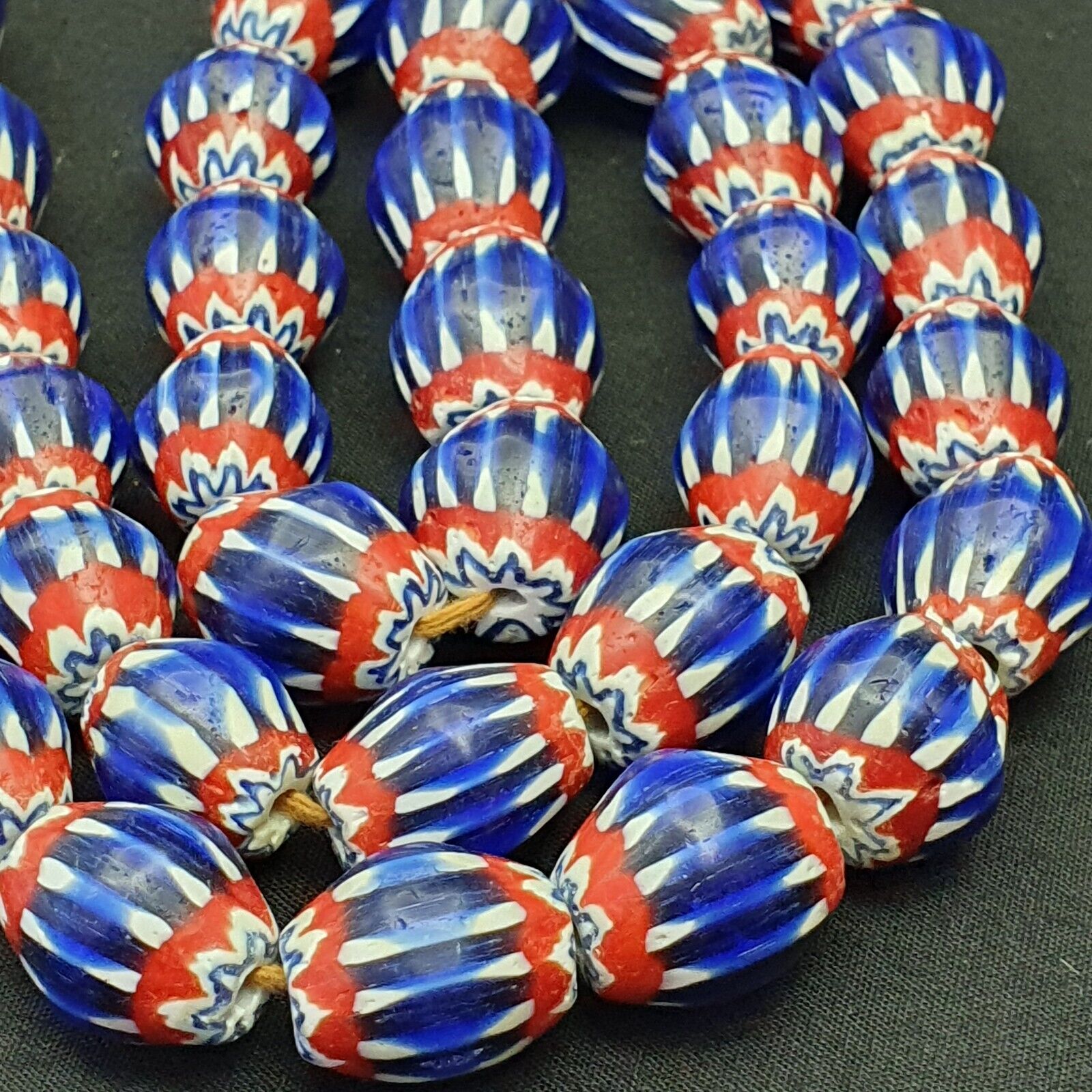 Vintage BLUE Chevron Beads Venetian African 13.5mm 15mmx17mm Beads Long Strand
