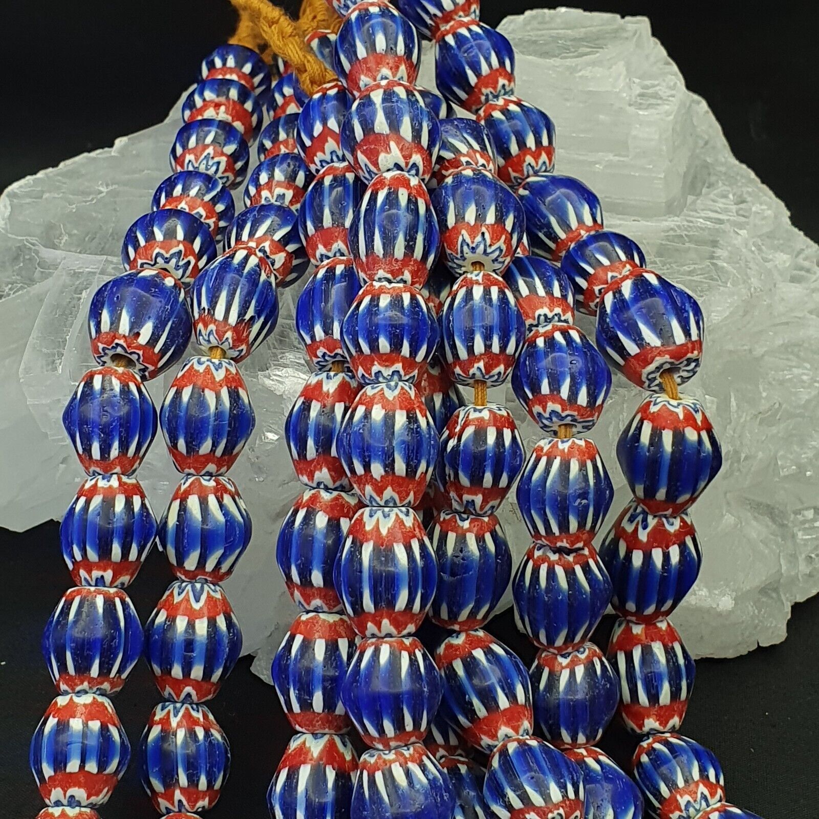 Vintage BLUE Chevron Beads Venetian African 13.5mm 15mmx17mm Beads Long Strand