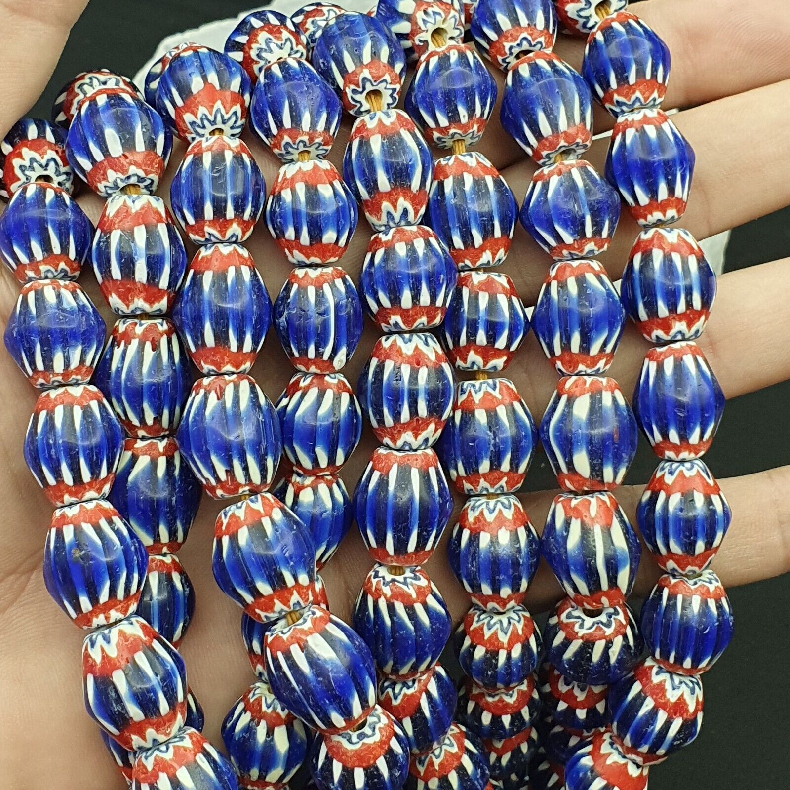 Vintage BLUE Chevron Beads Venetian African 13.5mm 15mmx17mm Beads Long Strand