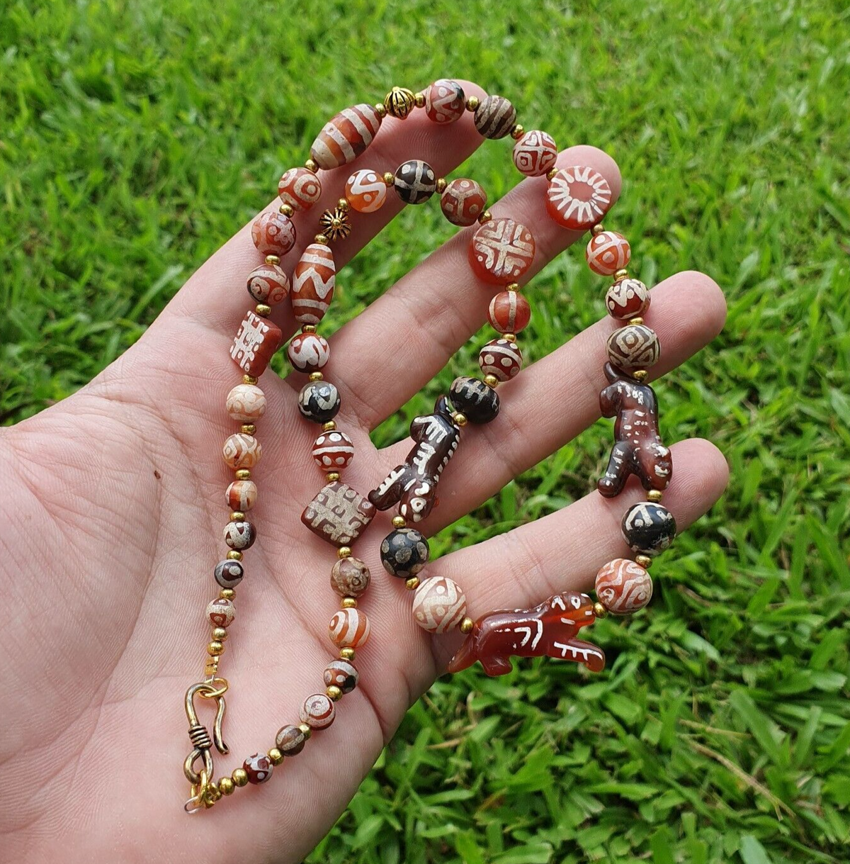 Antique HIMALAYAN Indo Tibetan Central Asian Etched Agate beads Necklace 11ED-A-