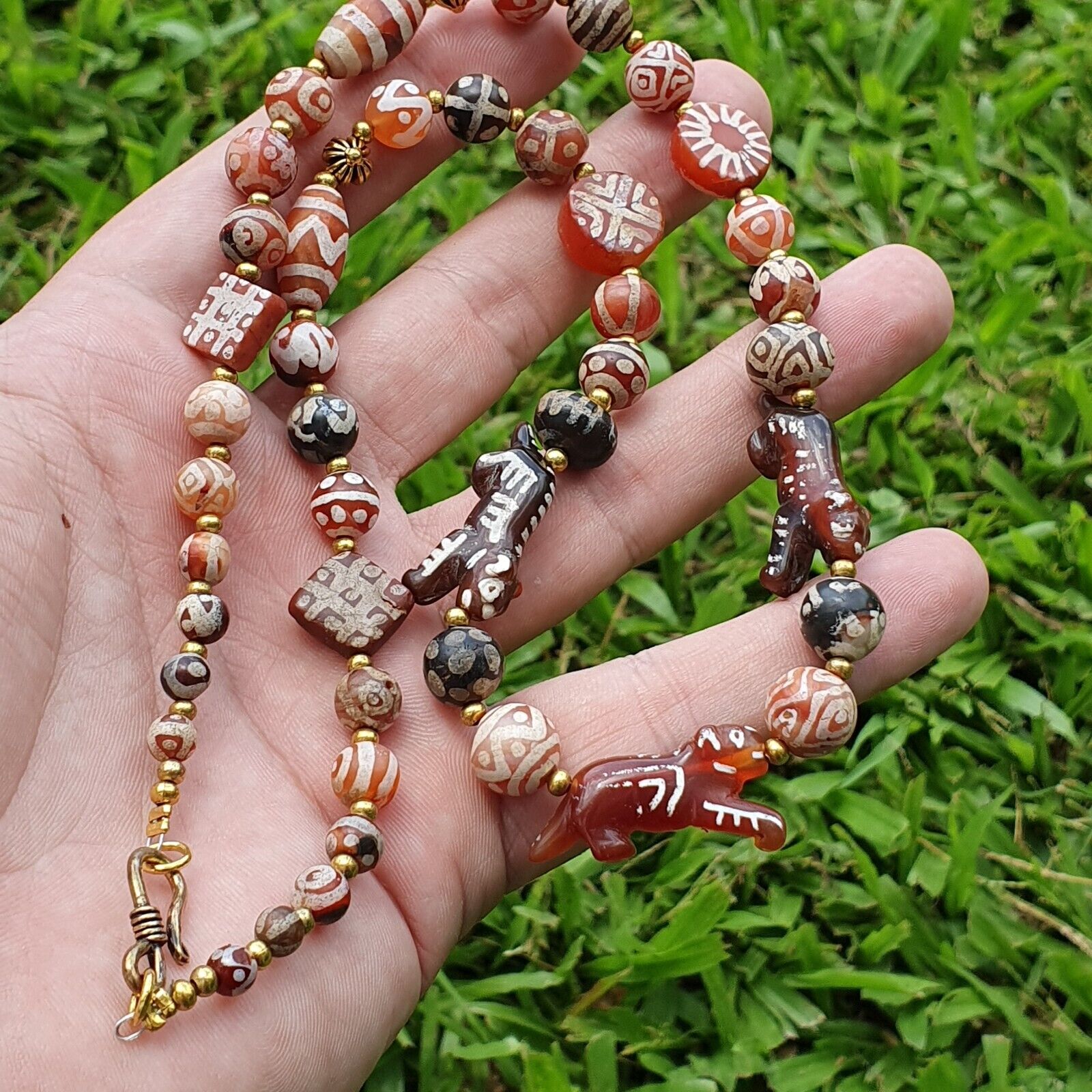 Antique HIMALAYAN Indo Tibetan Central Asian Etched Agate beads Necklace 11ED-A-