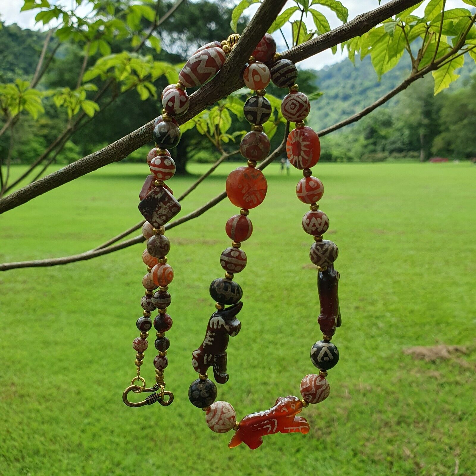 Antique HIMALAYAN Indo Tibetan Central Asian Etched Agate beads Necklace 11ED-A-