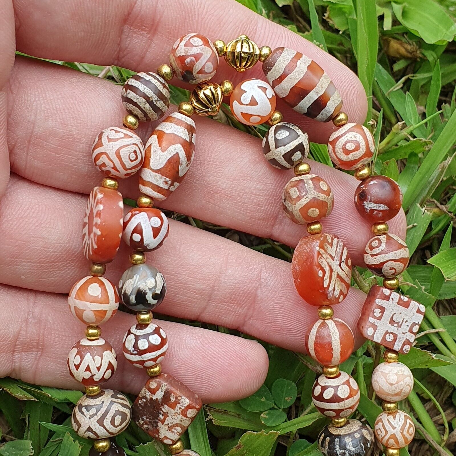 Antique HIMALAYAN Indo Tibetan Central Asian Etched Agate beads Necklace 11ED-A-