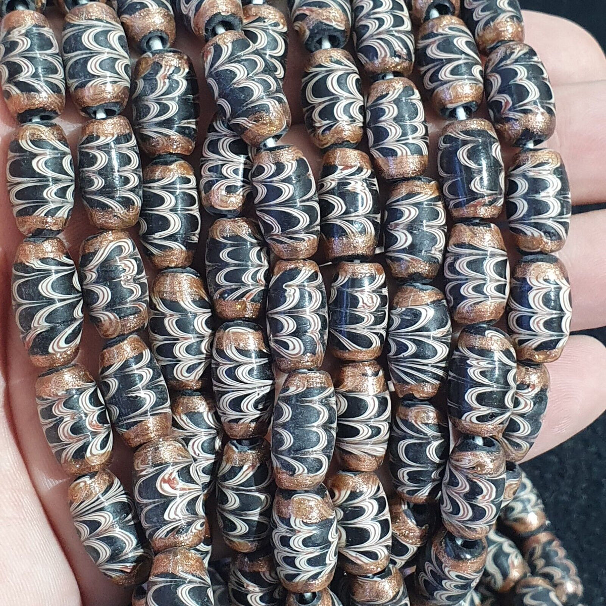 Vintage Aventurine Black Fancy Feather glass beads 15x8.5mm 24" Necklace