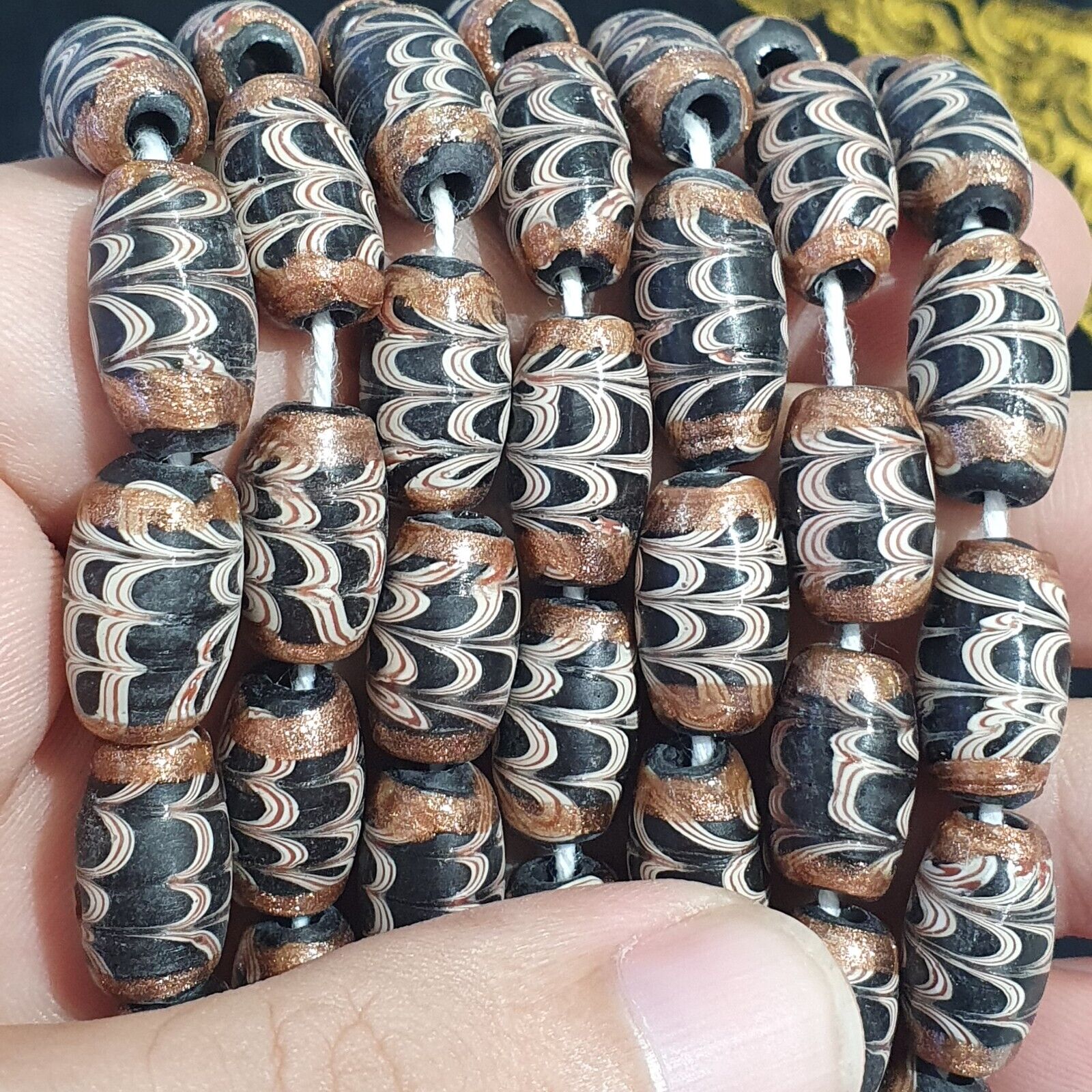 Vintage Aventurine Black Fancy Feather glass beads 15x8.5mm 24" Necklace