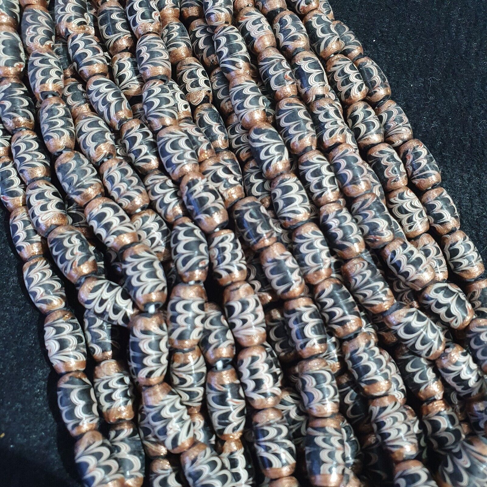 Vintage Aventurine Black Fancy Feather glass beads 15x8.5mm 24" Necklace