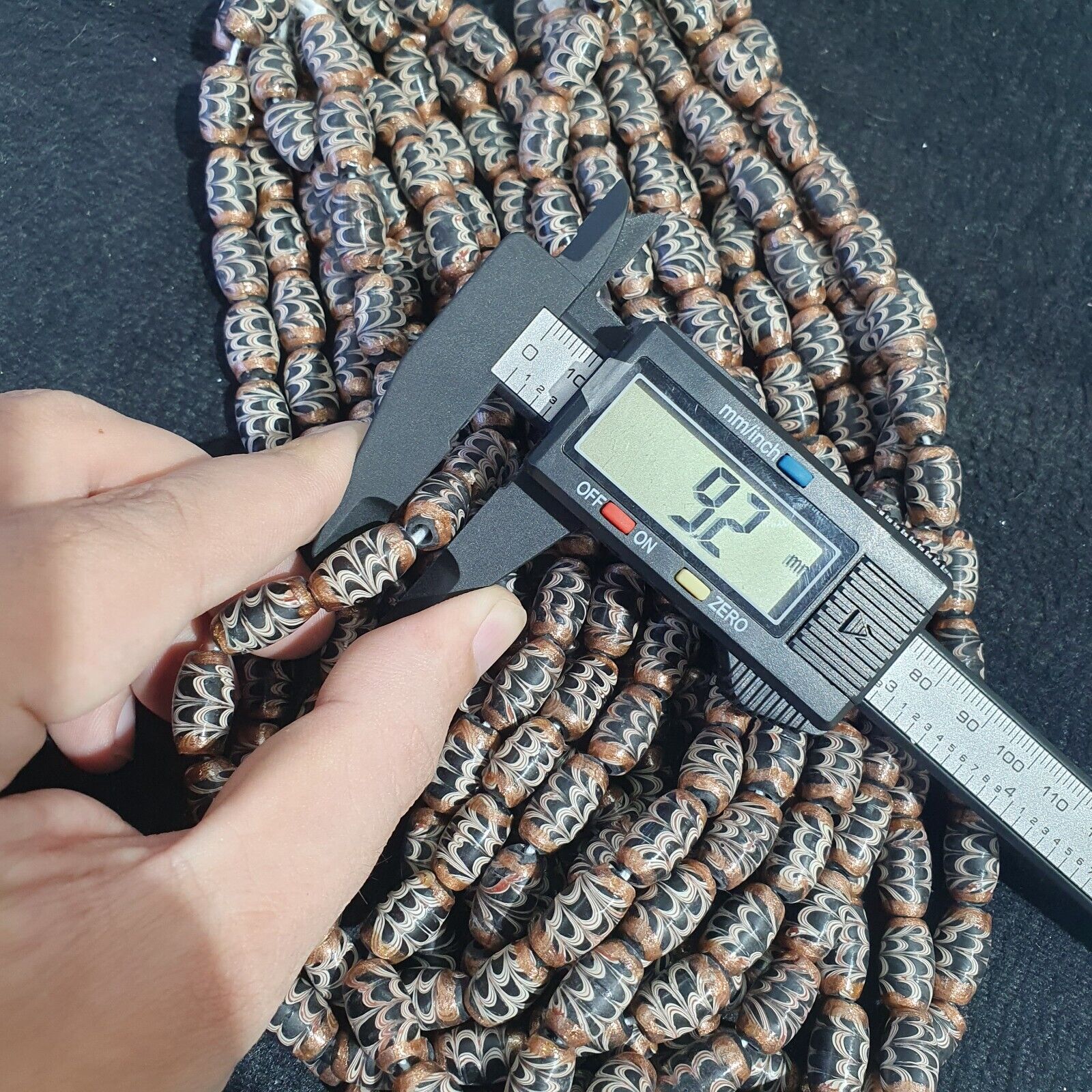 Vintage Aventurine Black Fancy Feather glass beads 15x8.5mm 24" Necklace