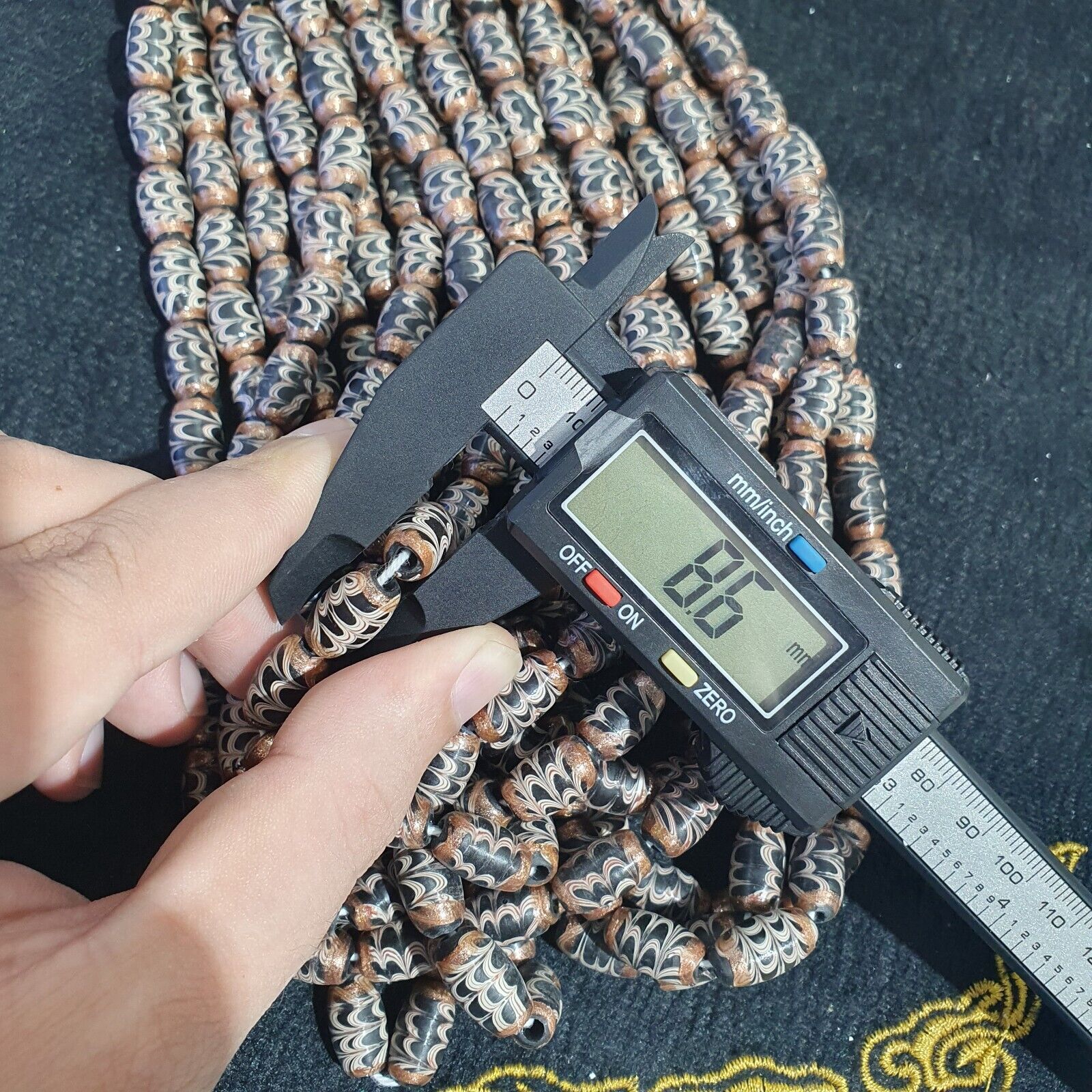 Vintage Aventurine Black Fancy Feather glass beads 15x8.5mm 24" Necklace