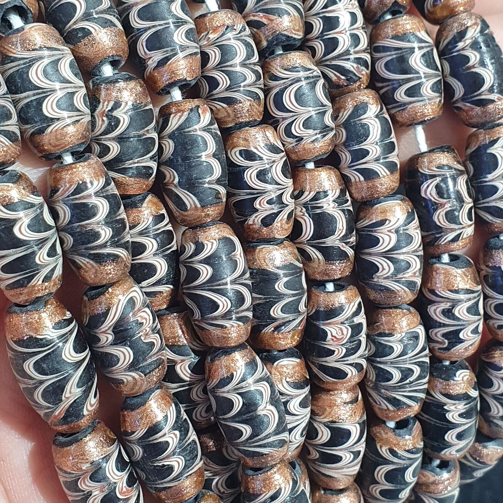 Vintage Aventurine Black Fancy Feather glass beads 15x8.5mm 24" Necklace