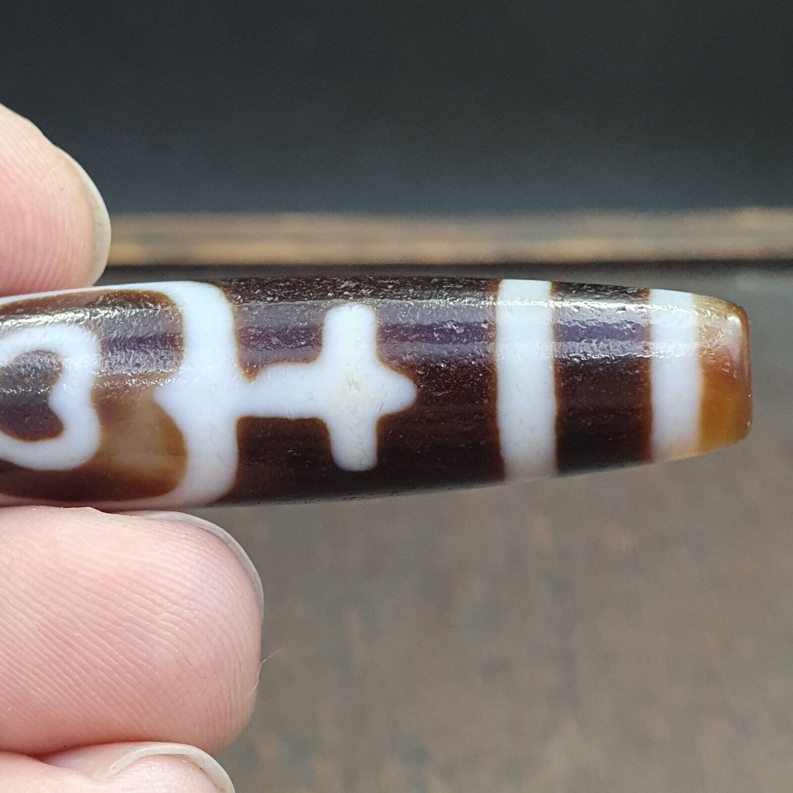 Tibetan Old Agate Dzi Bead " Unique Pattern " Amulet Pendant