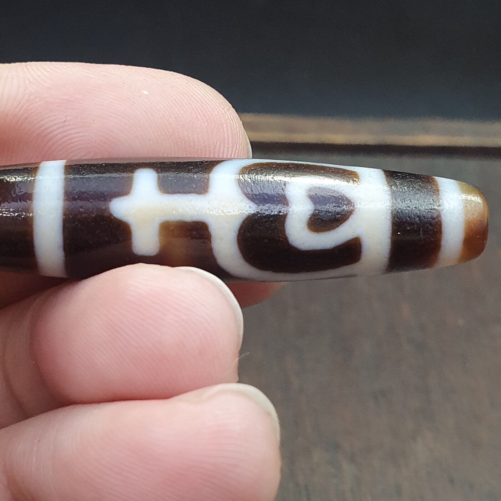 Tibetan Old Agate Dzi Bead " Unique Pattern " Amulet Pendant
