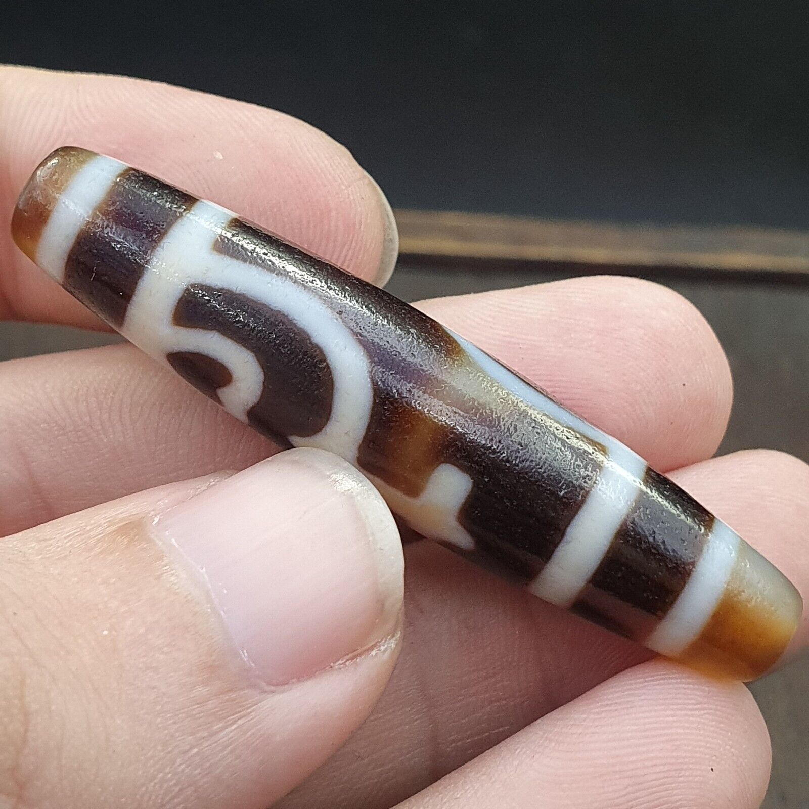Tibetan Old Agate Dzi Bead " Unique Pattern " Amulet Pendant