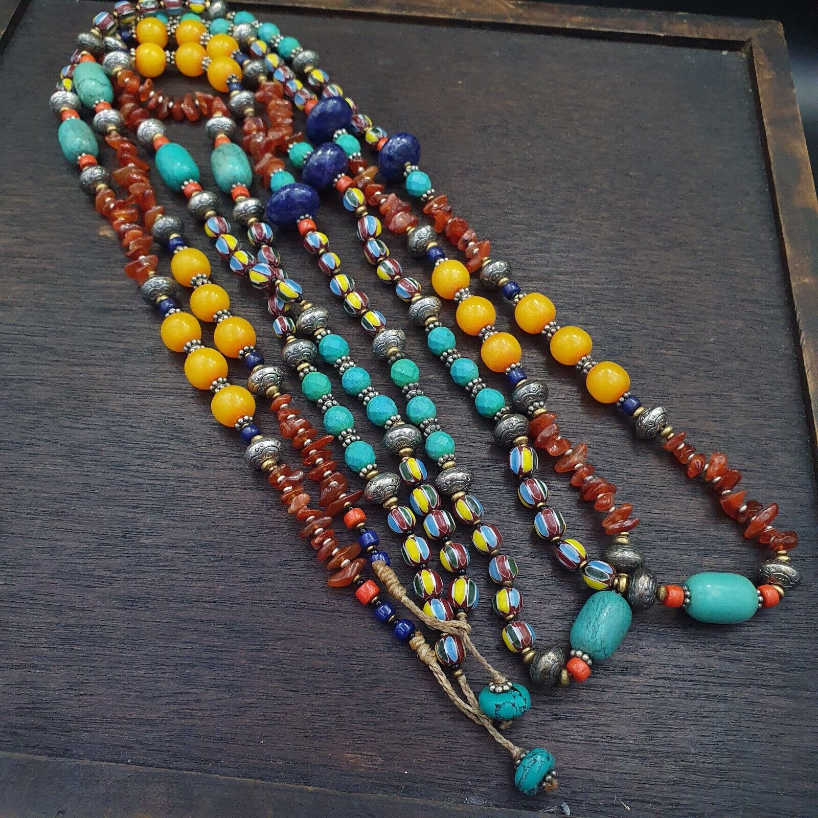 Turquoise Coral Amber Agate Stone Tibetan Nepal Necklace Boho Ethnic Jewelry 40"