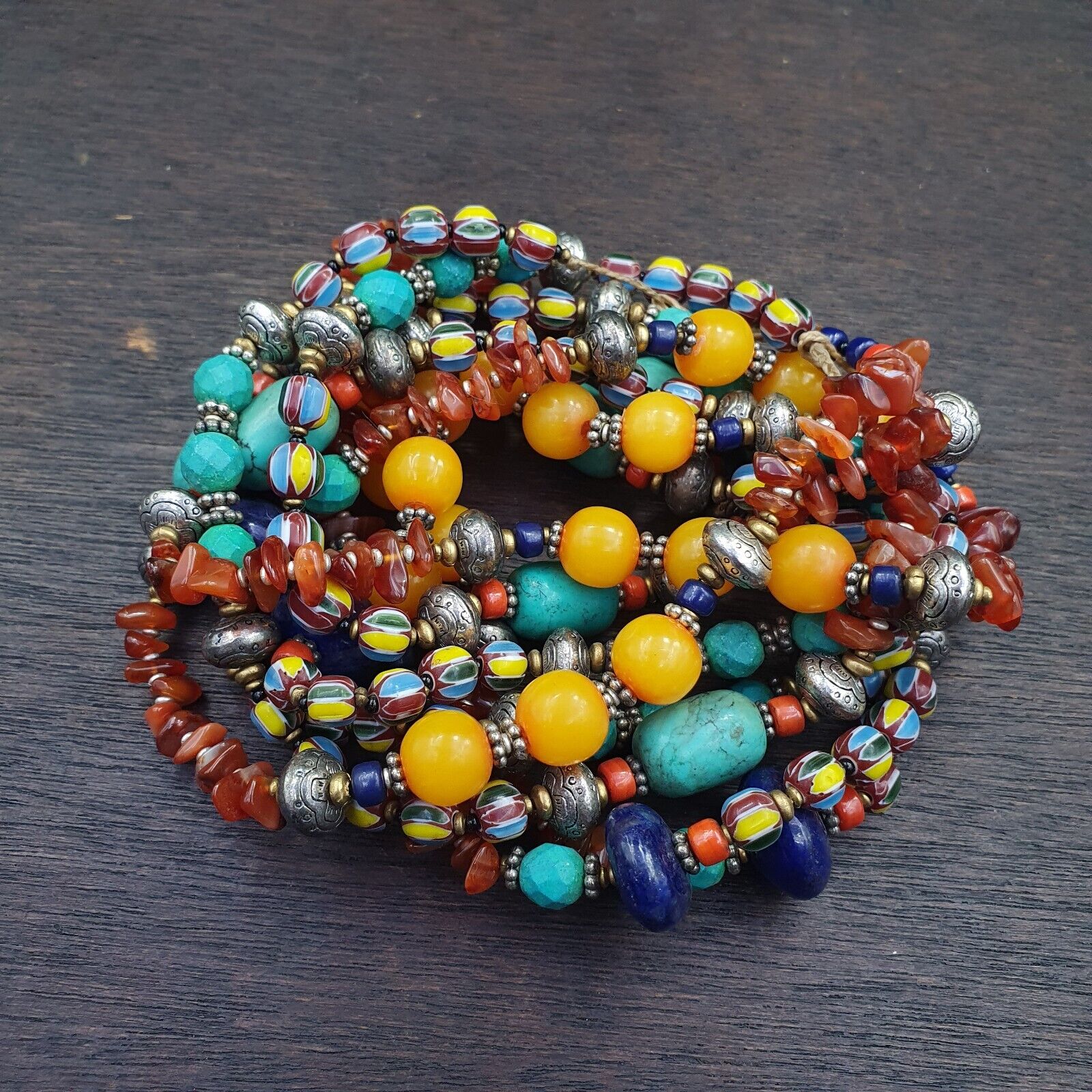 Turquoise Coral Amber Agate Stone Tibetan Nepal Necklace Boho Ethnic Jewelry 40"