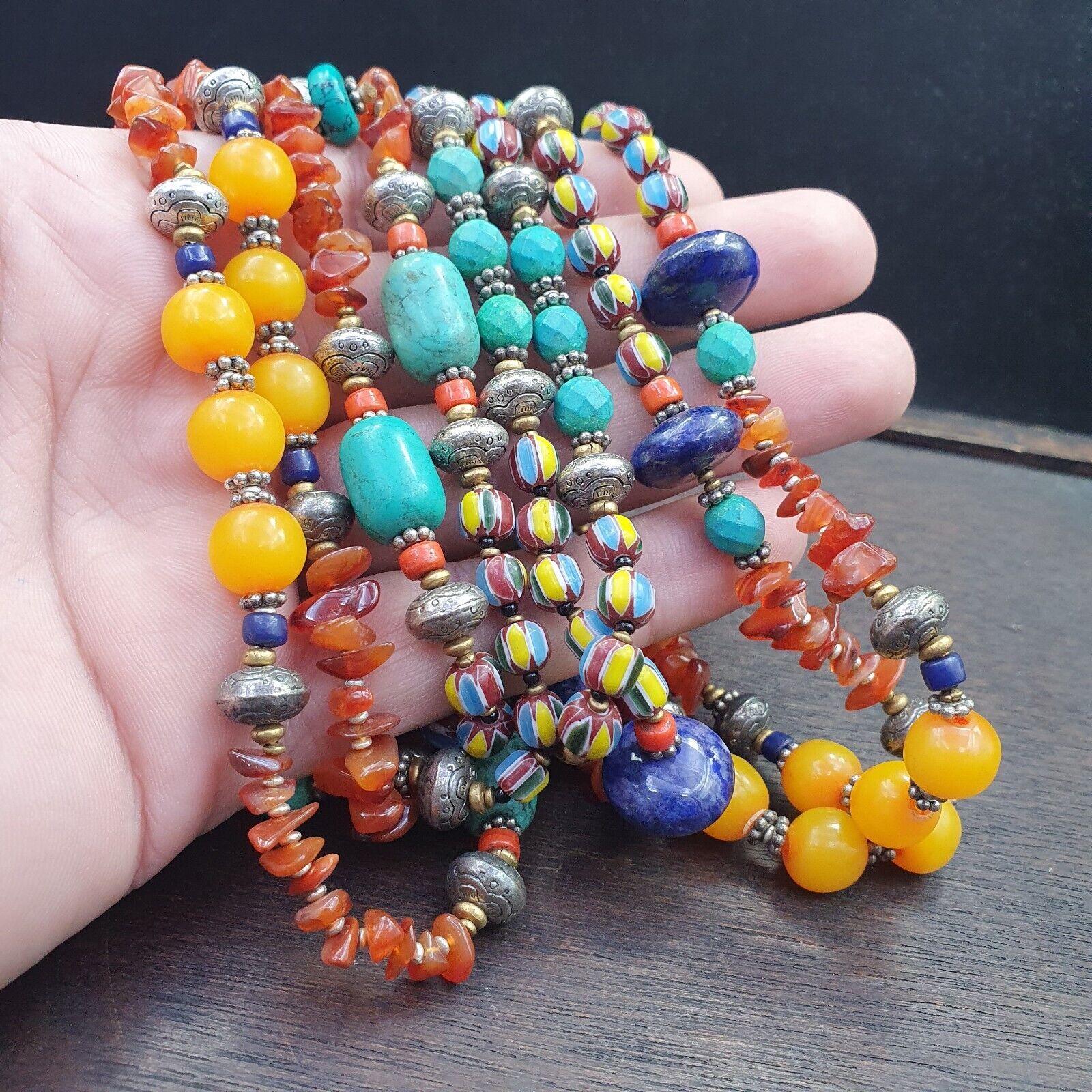Turquoise Coral Amber Agate Stone Tibetan Nepal Necklace Boho Ethnic Jewelry 40"