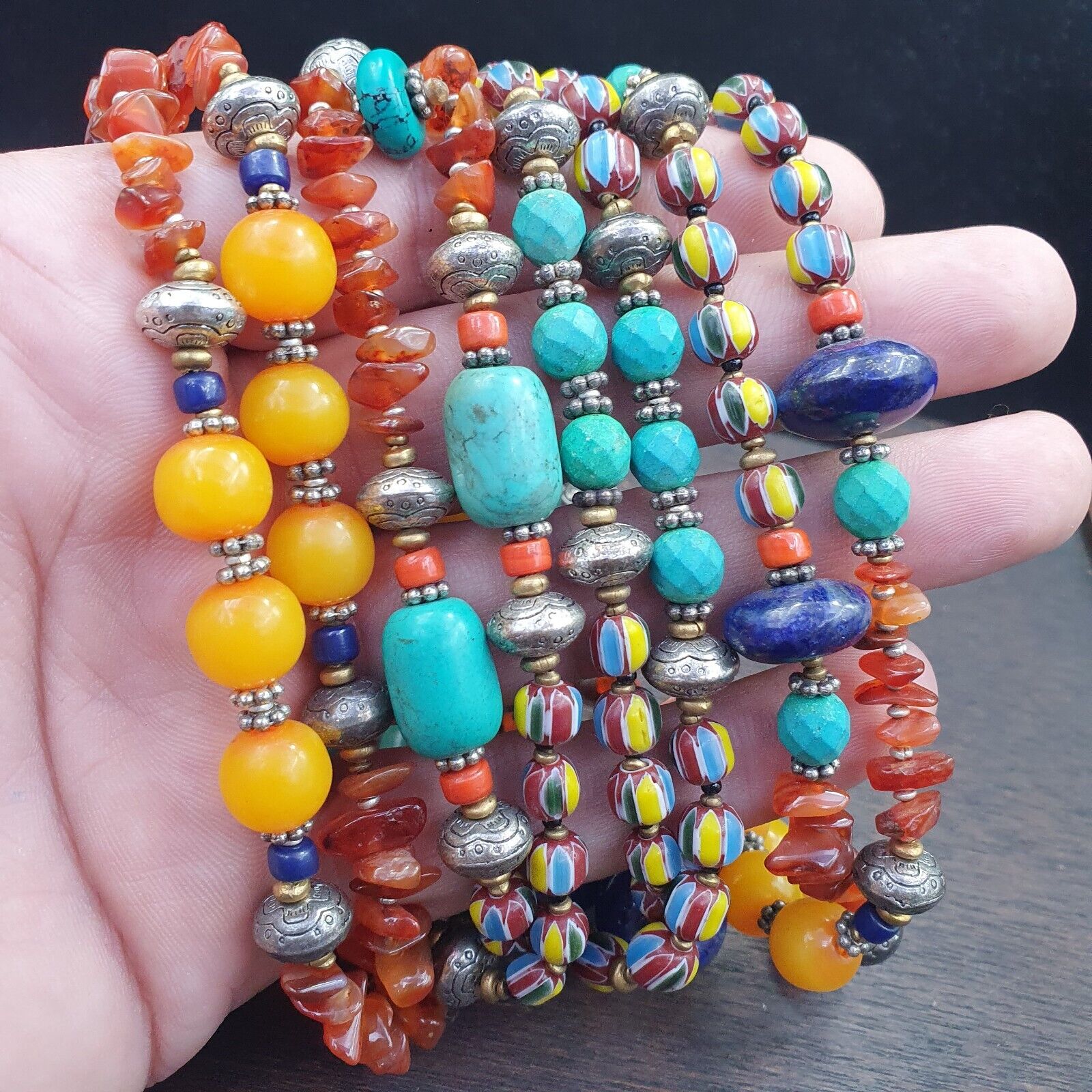 Turquoise Coral Amber Agate Stone Tibetan Nepal Necklace Boho Ethnic Jewelry 40"