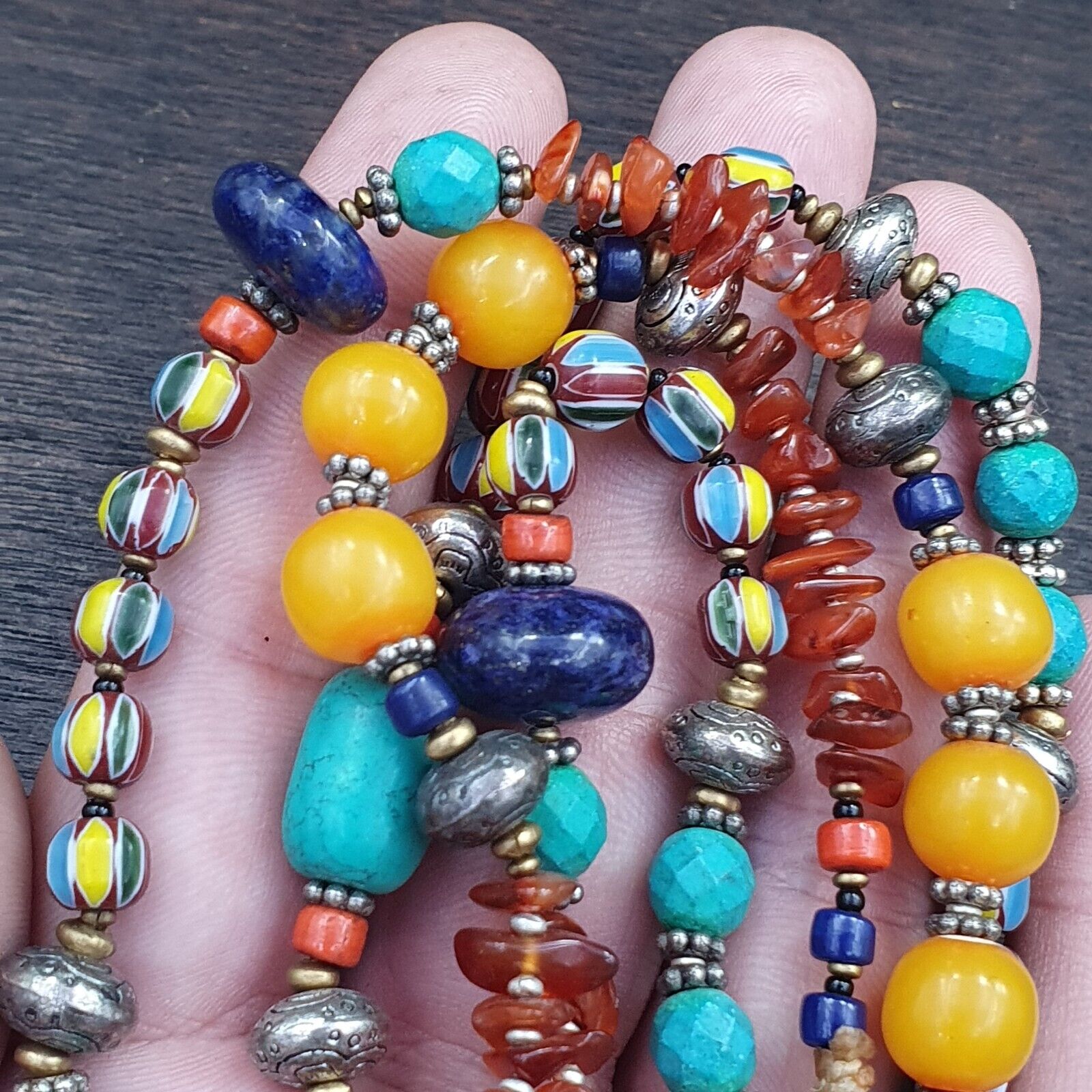 Turquoise Coral Amber Agate Stone Tibetan Nepal Necklace Boho Ethnic Jewelry 40"