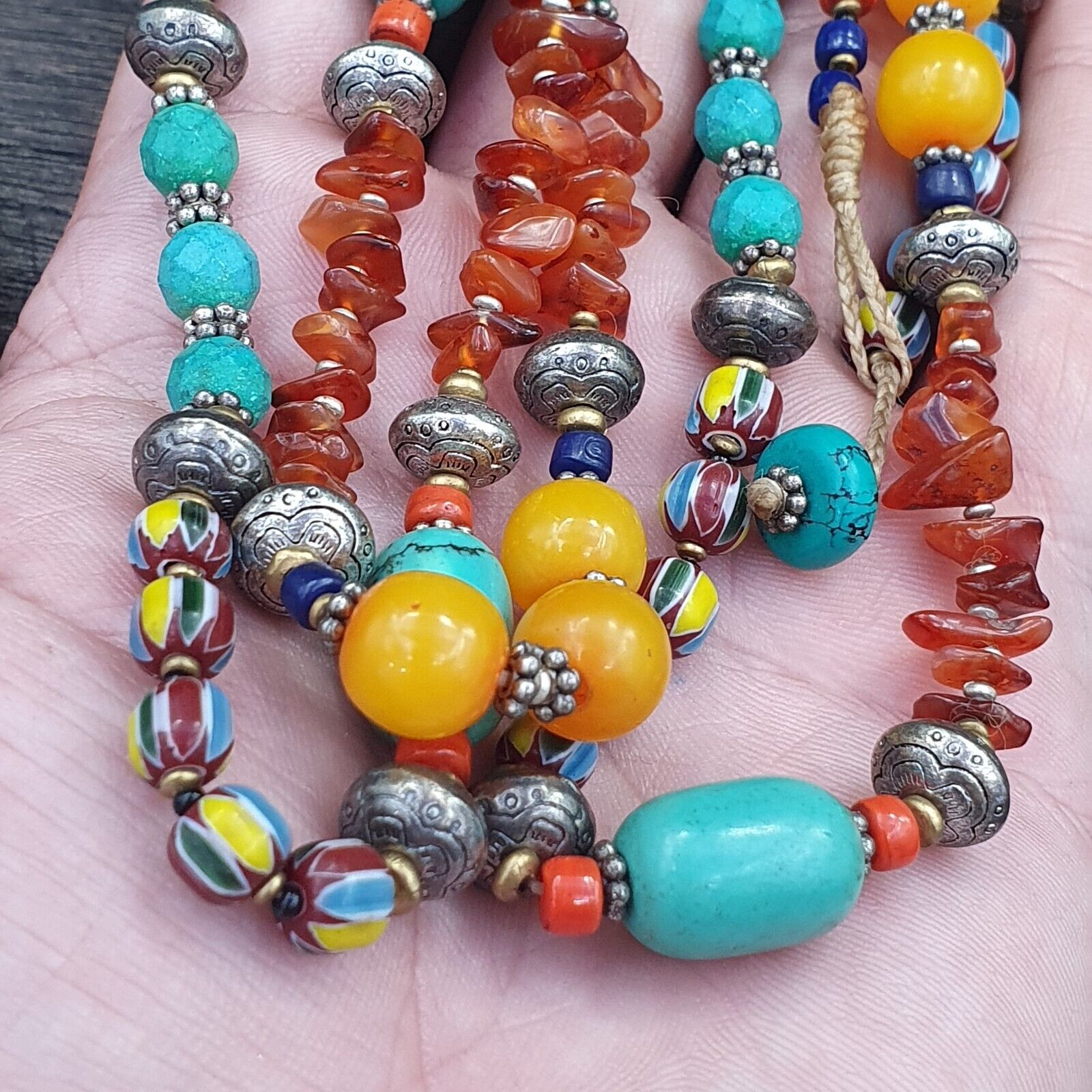 Turquoise Coral Amber Agate Stone Tibetan Nepal Necklace Boho Ethnic Jewelry 40"