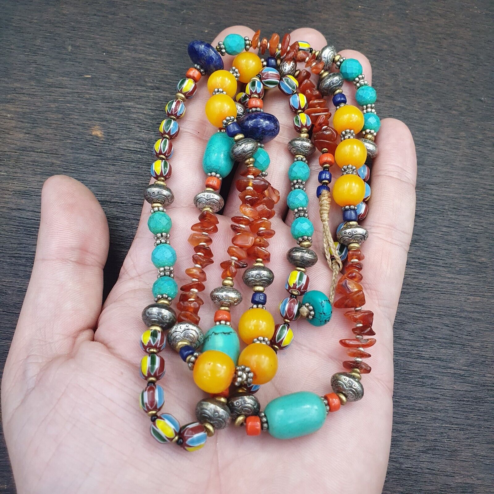 Turquoise Coral Amber Agate Stone Tibetan Nepal Necklace Boho Ethnic Jewelry 40"