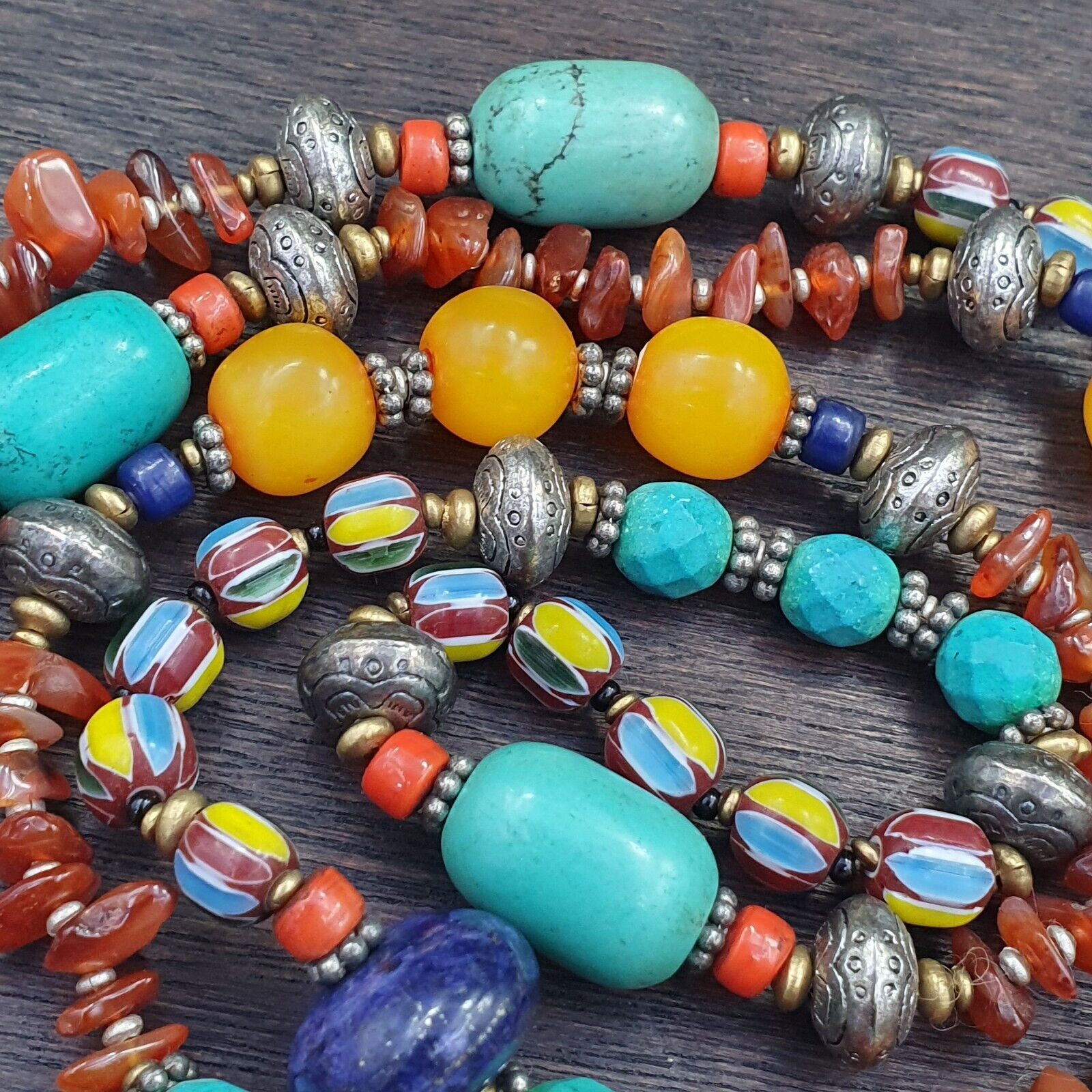 Turquoise Coral Amber Agate Stone Tibetan Nepal Necklace Boho Ethnic Jewelry 40"
