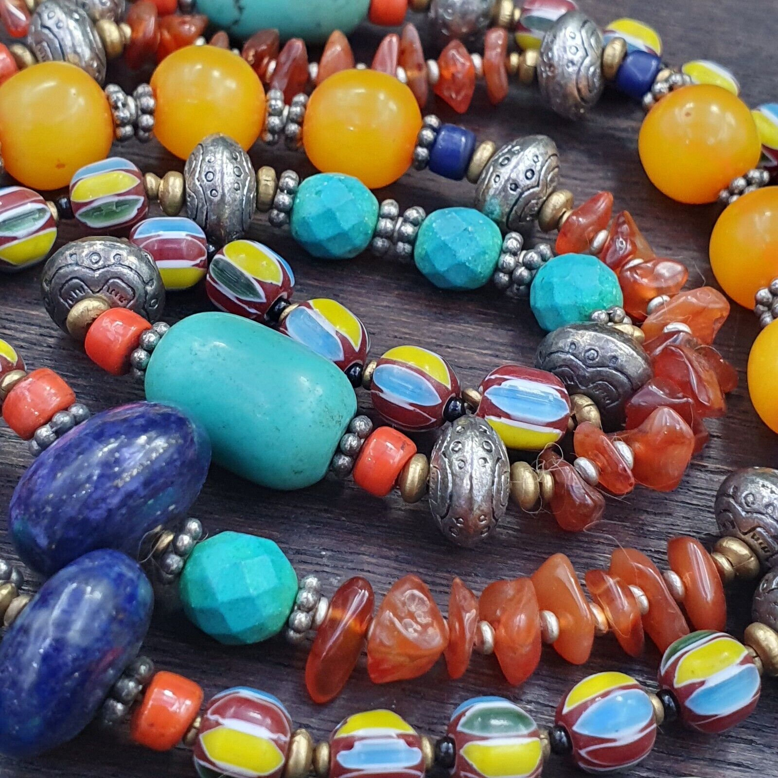 Turquoise Coral Amber Agate Stone Tibetan Nepal Necklace Boho Ethnic Jewelry 40"