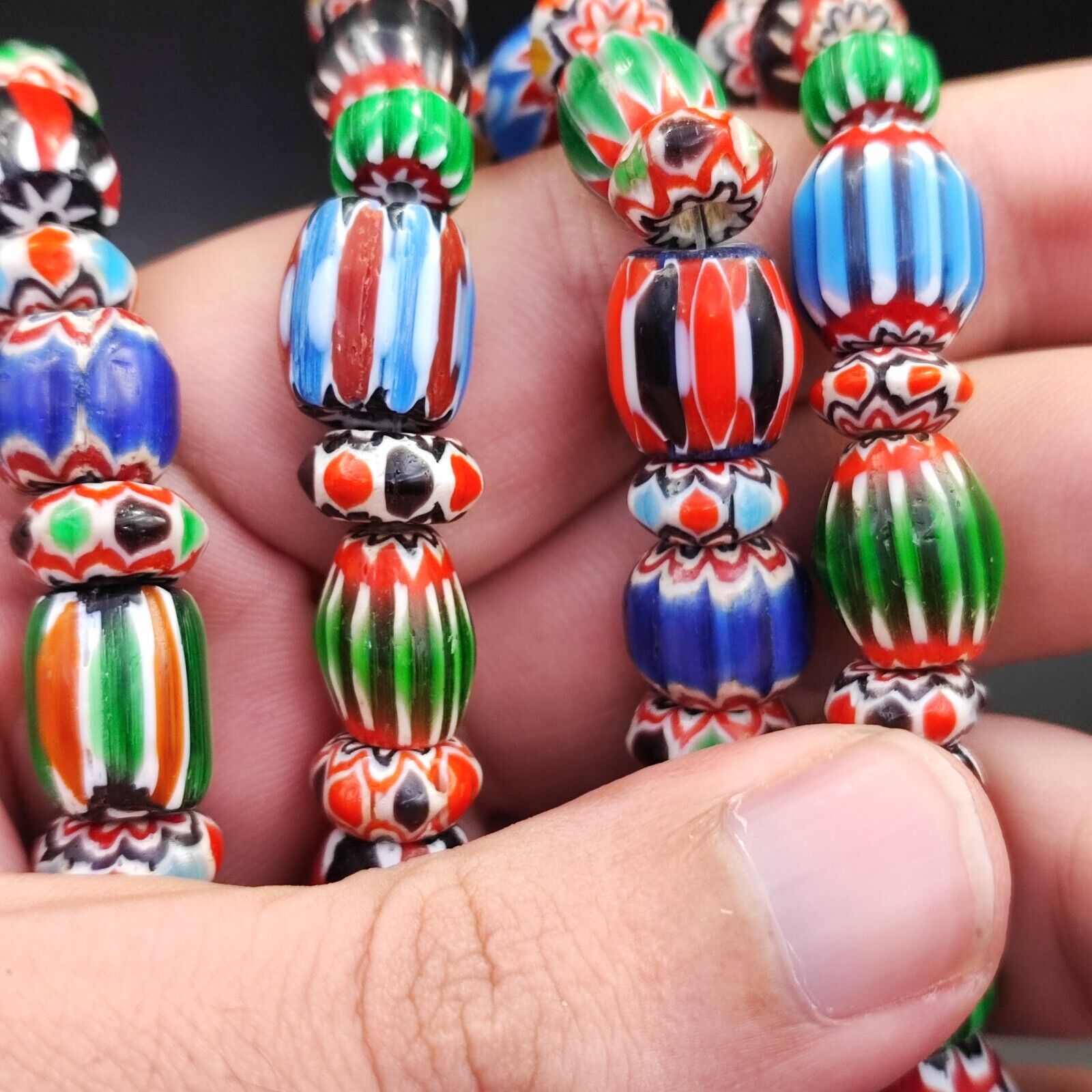 Vintage Venetian African style Chevron Beads Long Strand 8-12mm
