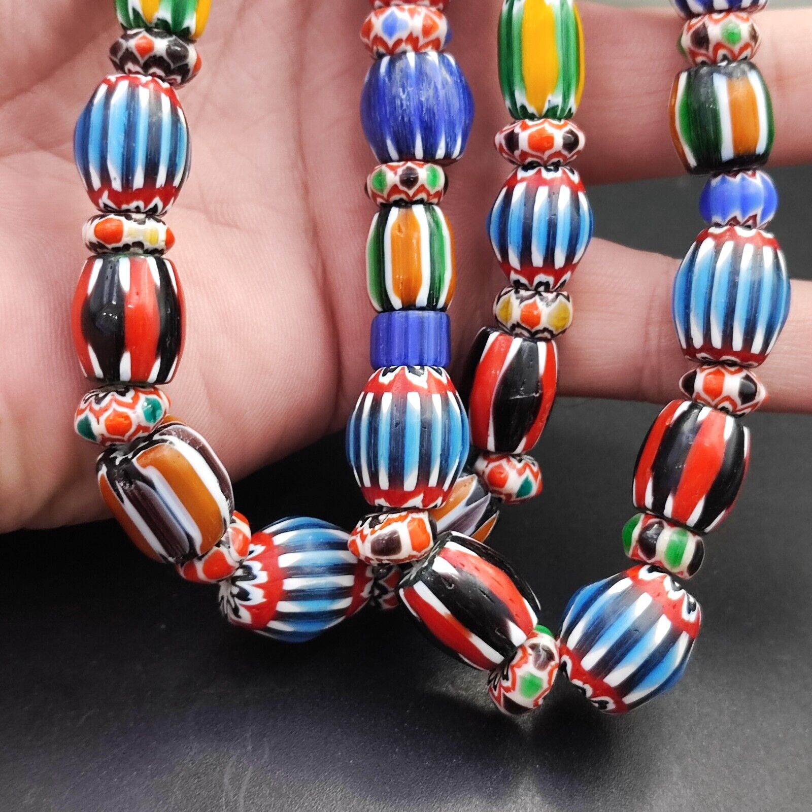 Vintage Venetian African style Chevron Beads Long Strand 8-12mm