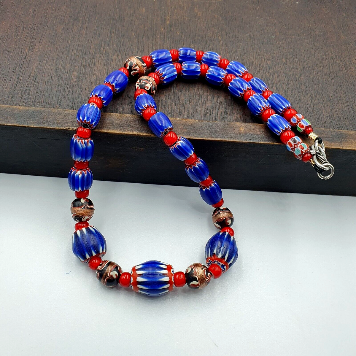 Vintage Venetian White heart With Blue Glass Chevron Beads Necklace. NC-9-2