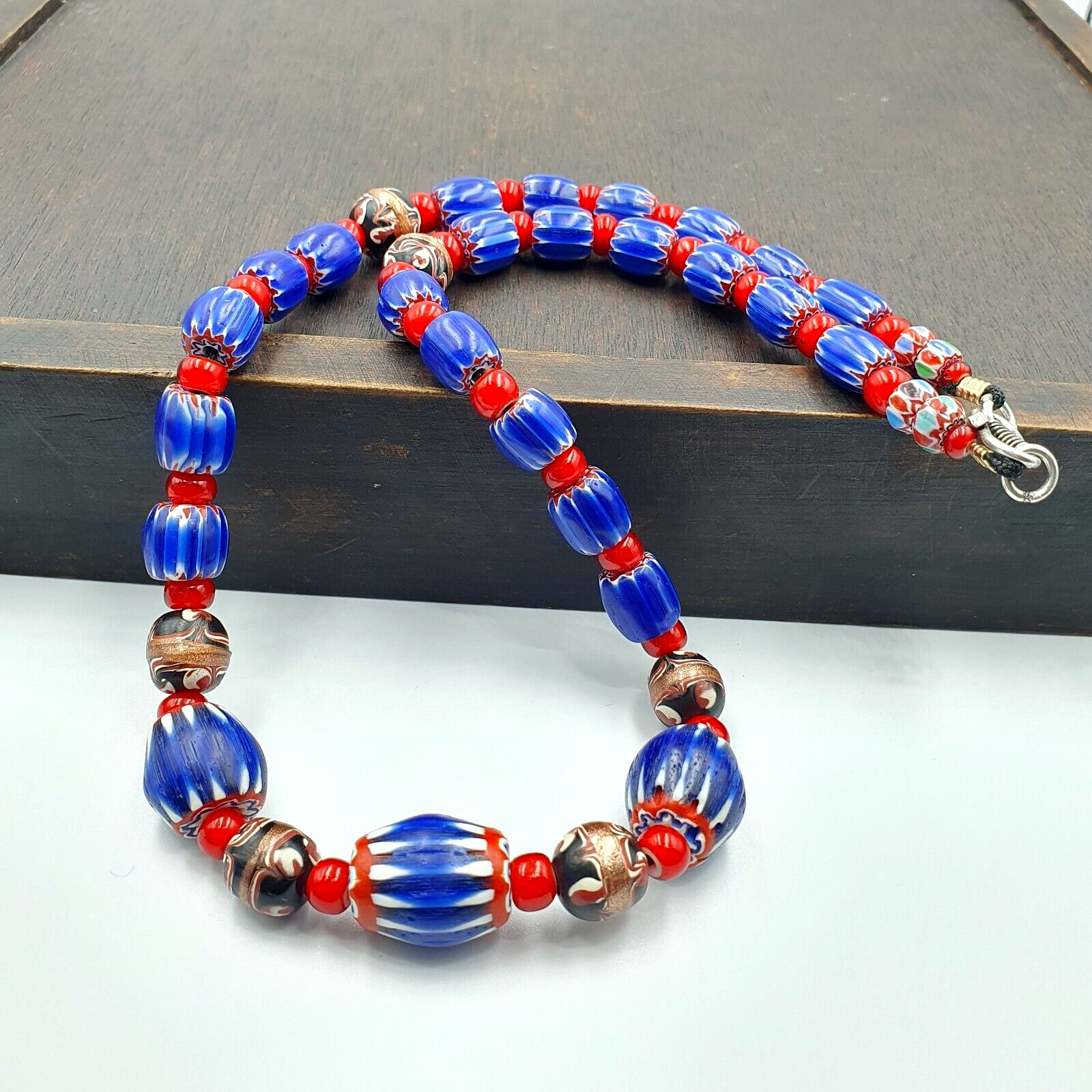 Vintage Venetian White heart With Blue Glass Chevron Beads Necklace. NC-9-2