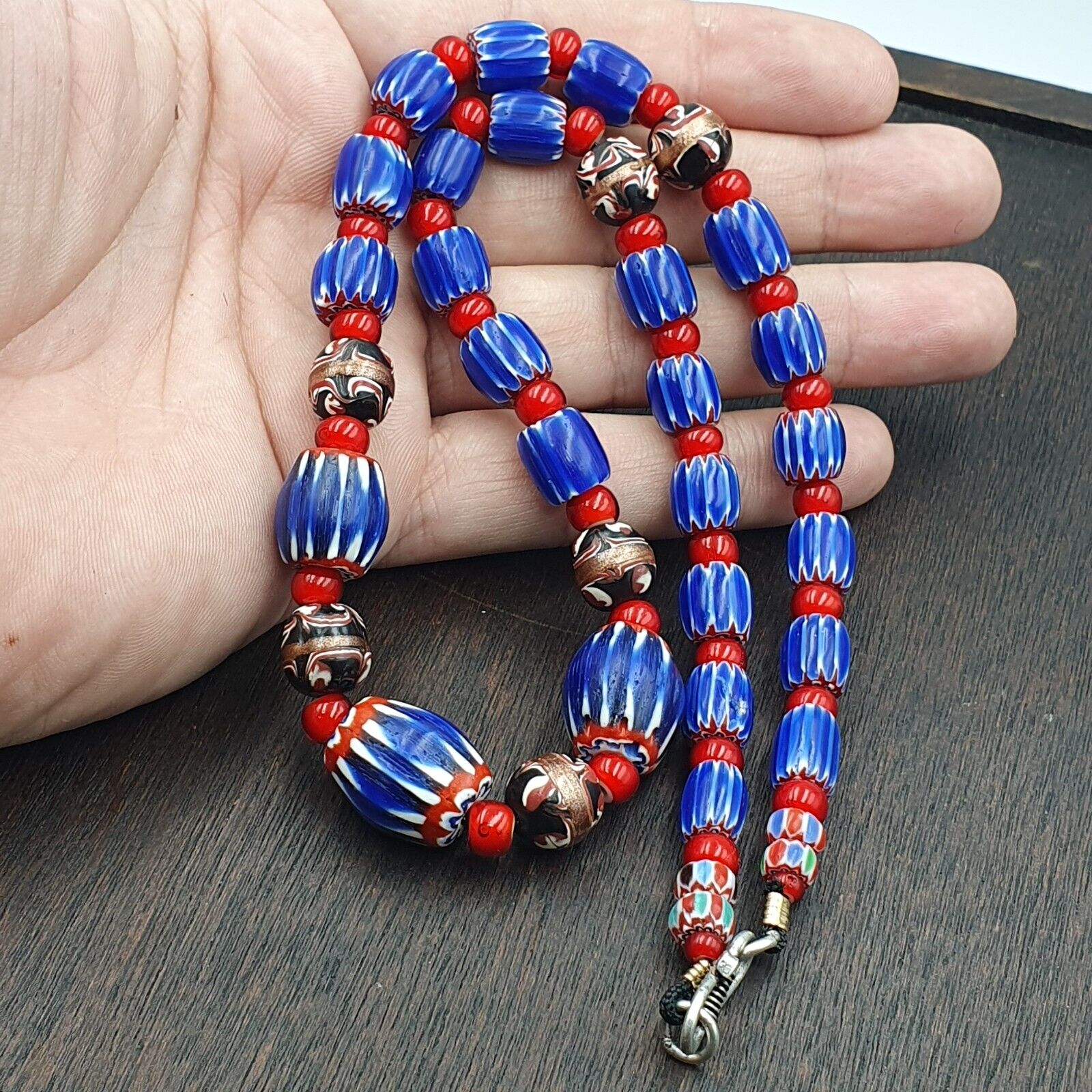 Vintage Venetian White heart With Blue Glass Chevron Beads Necklace. NC-9-2