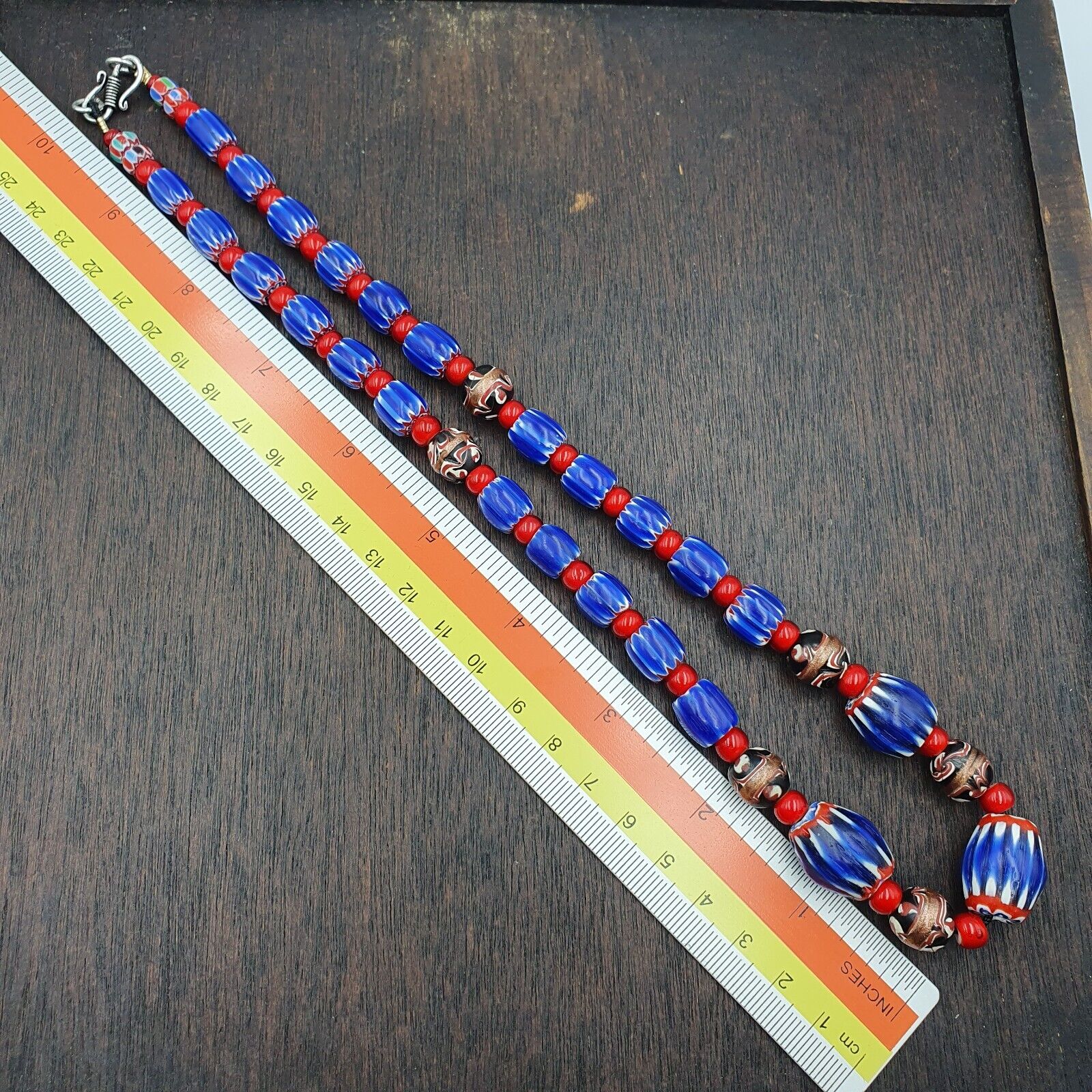 Vintage Venetian White heart With Blue Glass Chevron Beads Necklace. NC-9-2