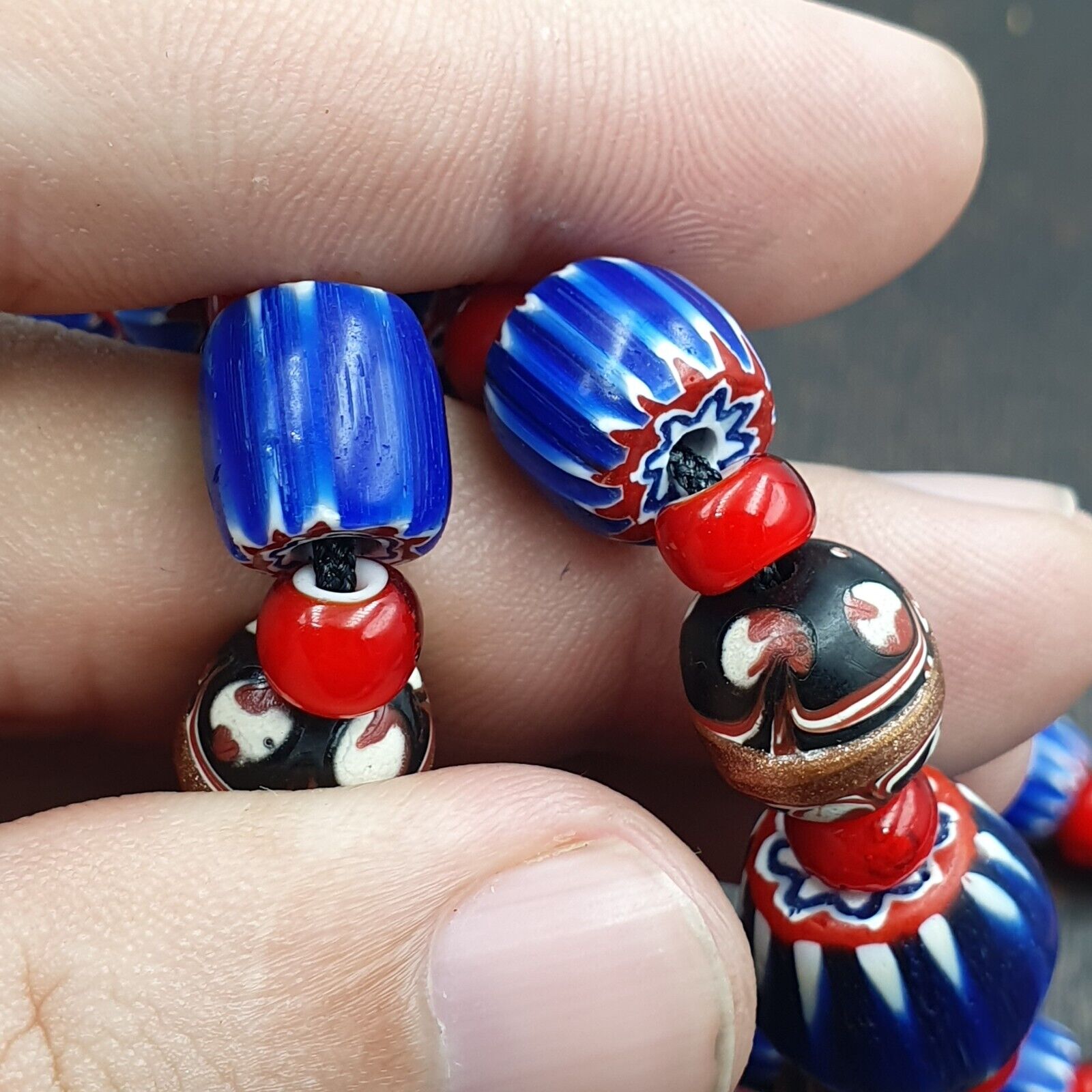 Vintage Venetian White heart With Blue Glass Chevron Beads Necklace. NC-9-2