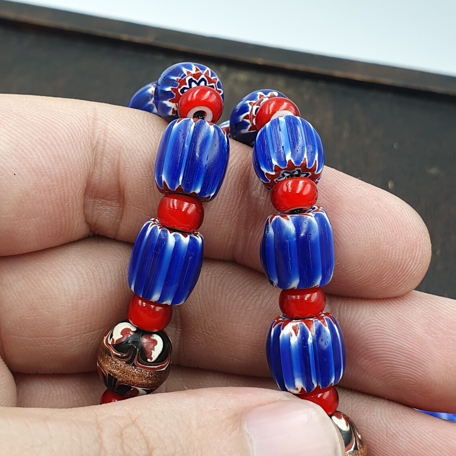 Vintage Venetian White heart With Blue Glass Chevron Beads Necklace. NC-9-2