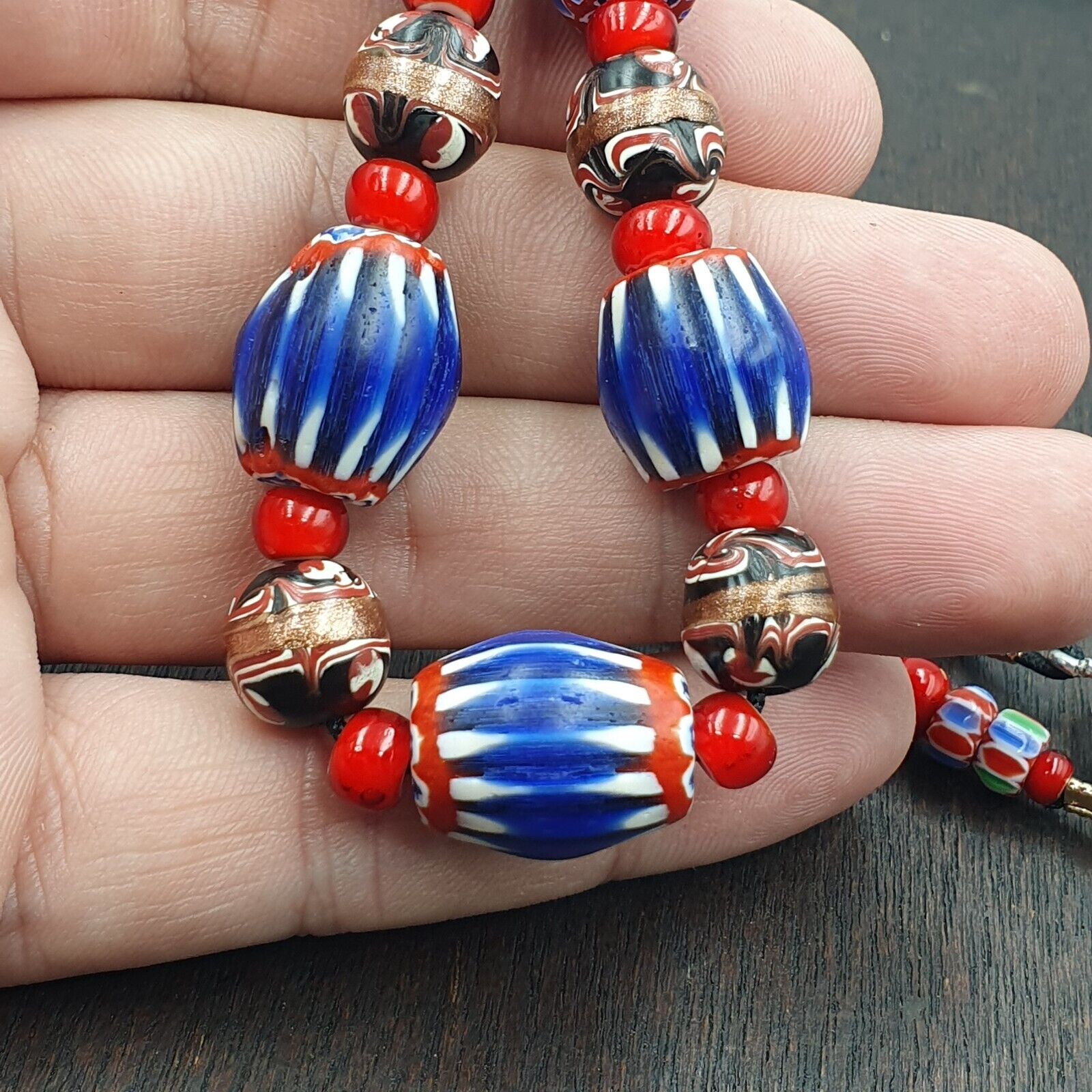 Vintage Venetian White heart With Blue Glass Chevron Beads Necklace. NC-9-2