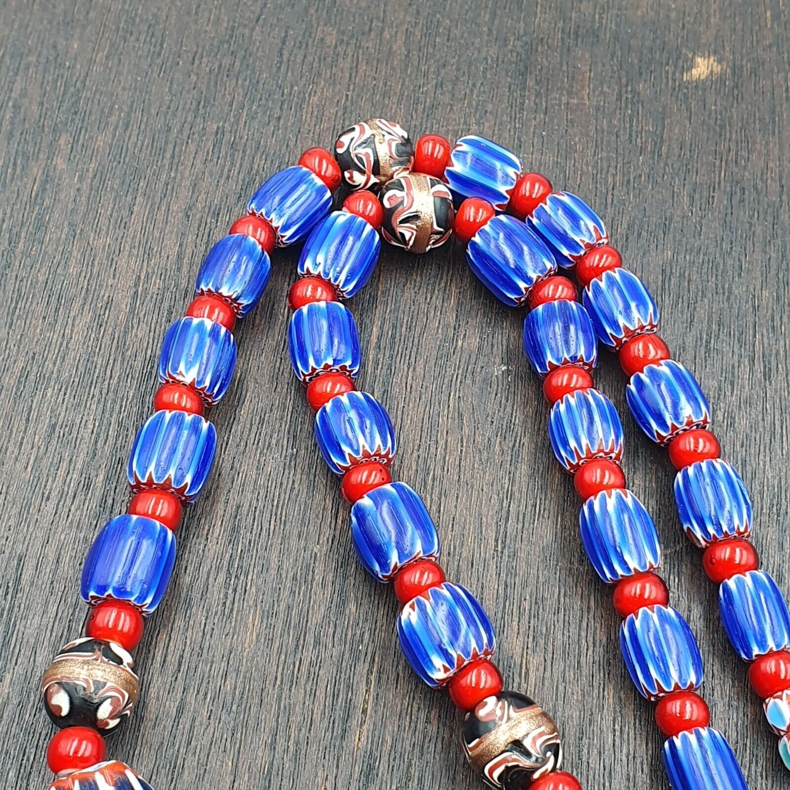 Vintage Venetian White heart With Blue Glass Chevron Beads Necklace. NC-9-2