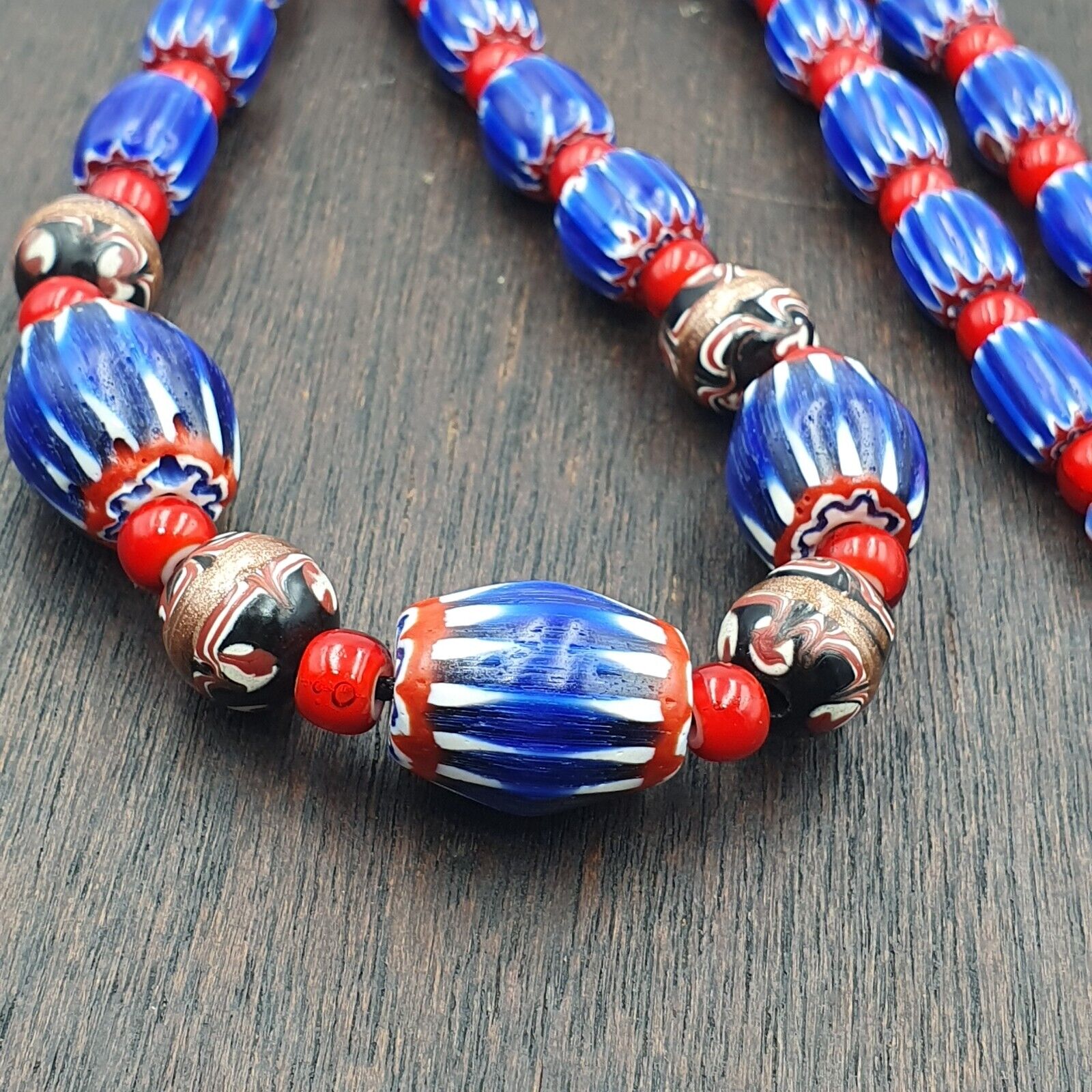 Vintage Venetian White heart With Blue Glass Chevron Beads Necklace. NC-9-2