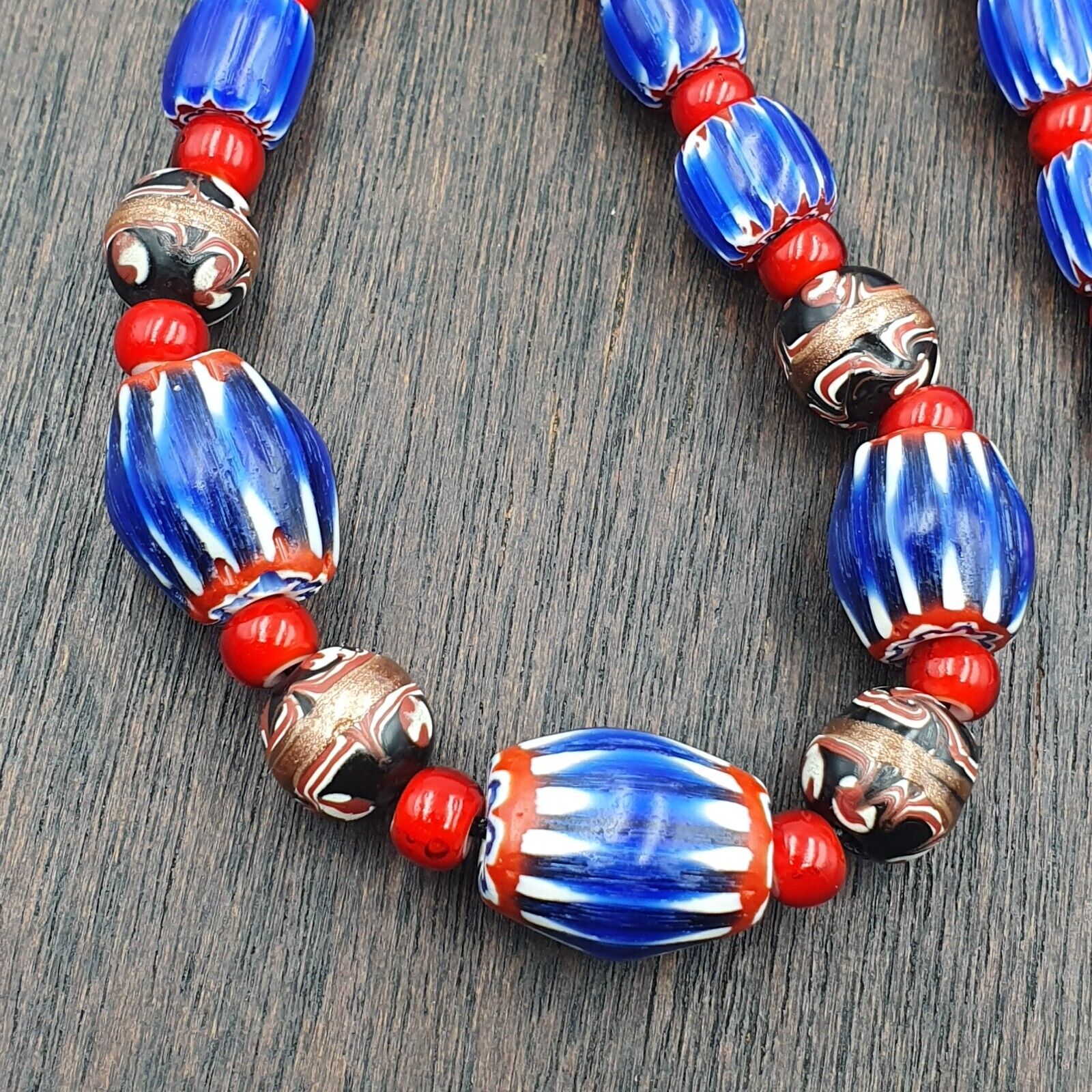 Vintage Venetian White heart With Blue Glass Chevron Beads Necklace. NC-9-2